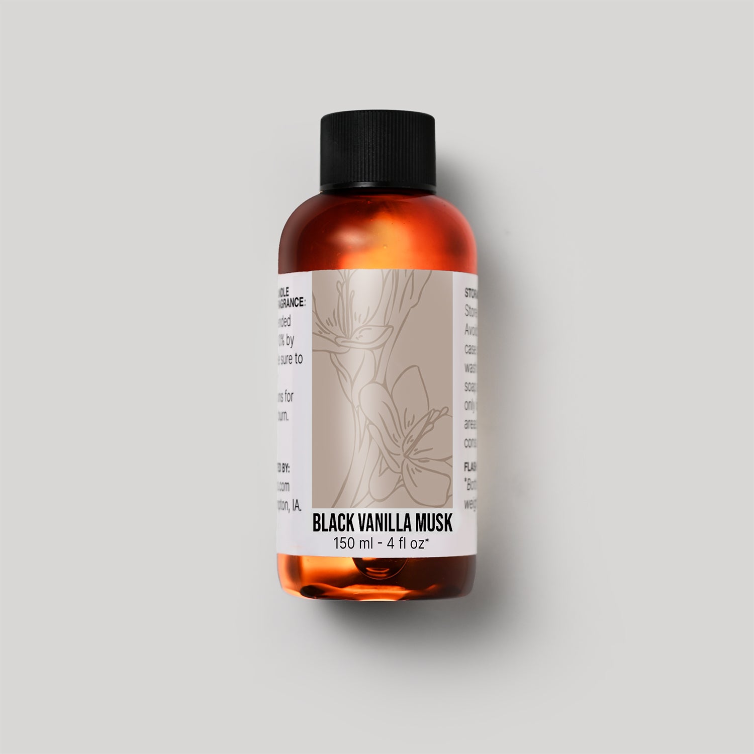 150 ml bottle of Black Vanilla Musk fragrance oil with a label on a white background
