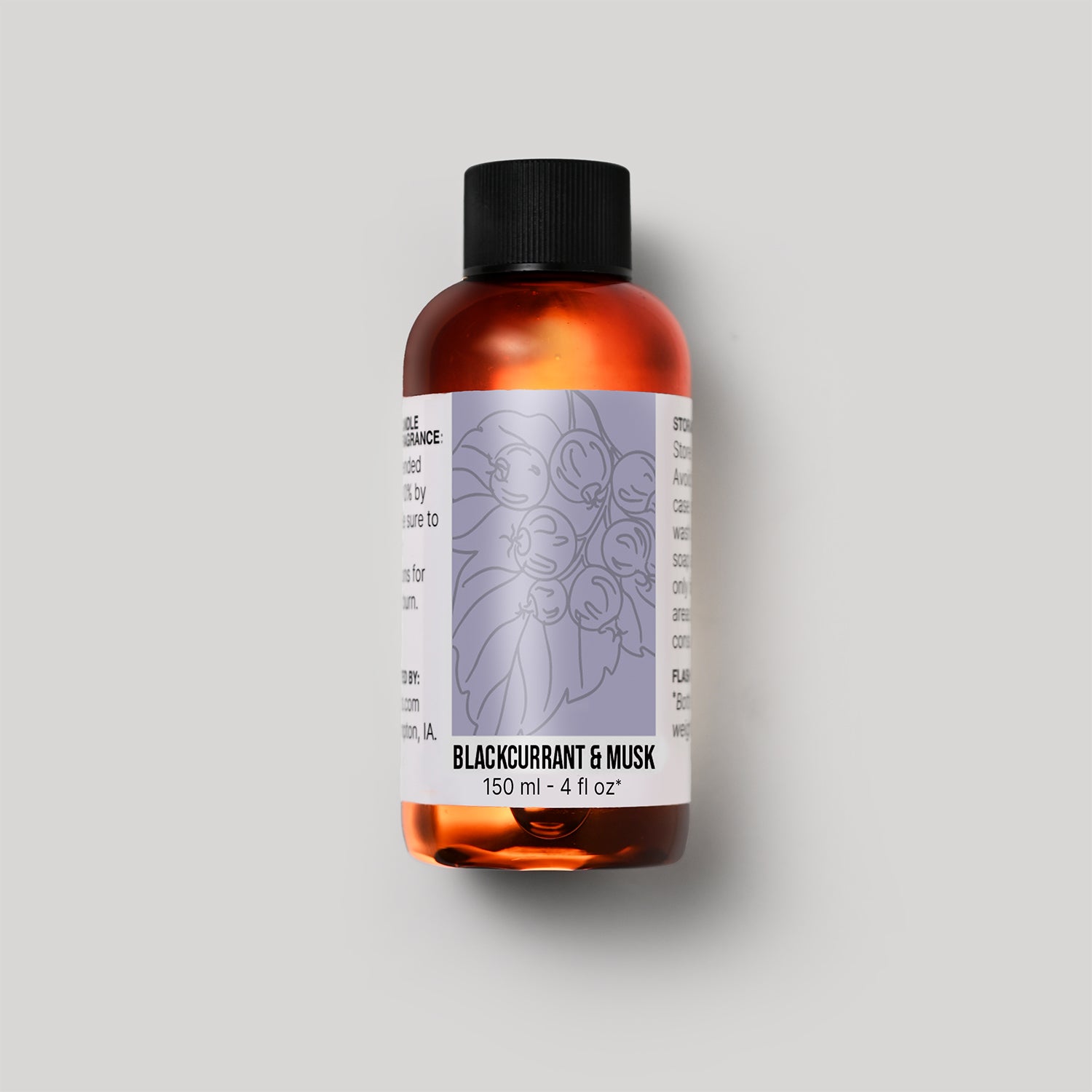 150 ml bottle of Blackcurrant & Musk fragrance oil with a label on a white background