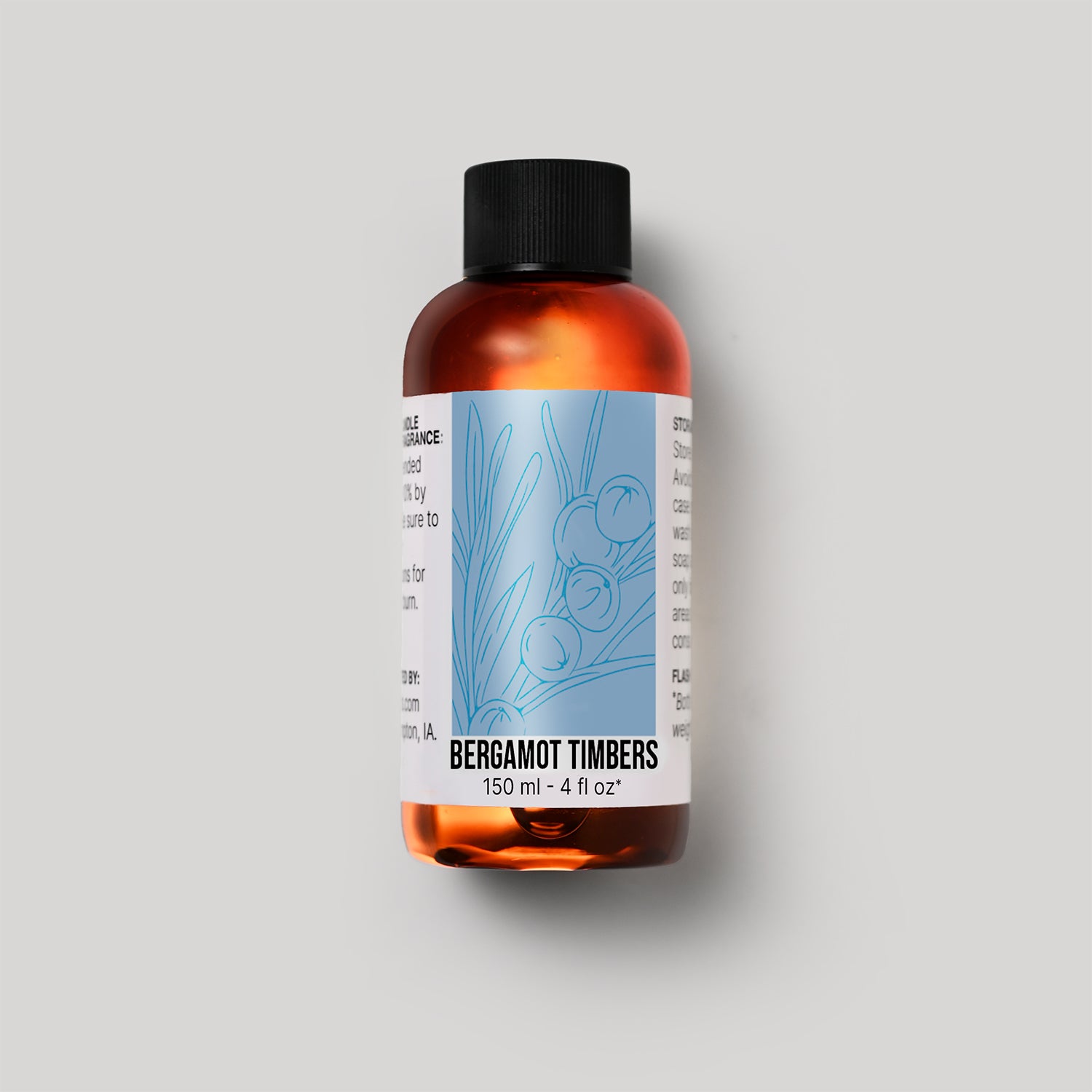 150 ml bottle of Bergamot Timbers fragrance oil with a label on a white background