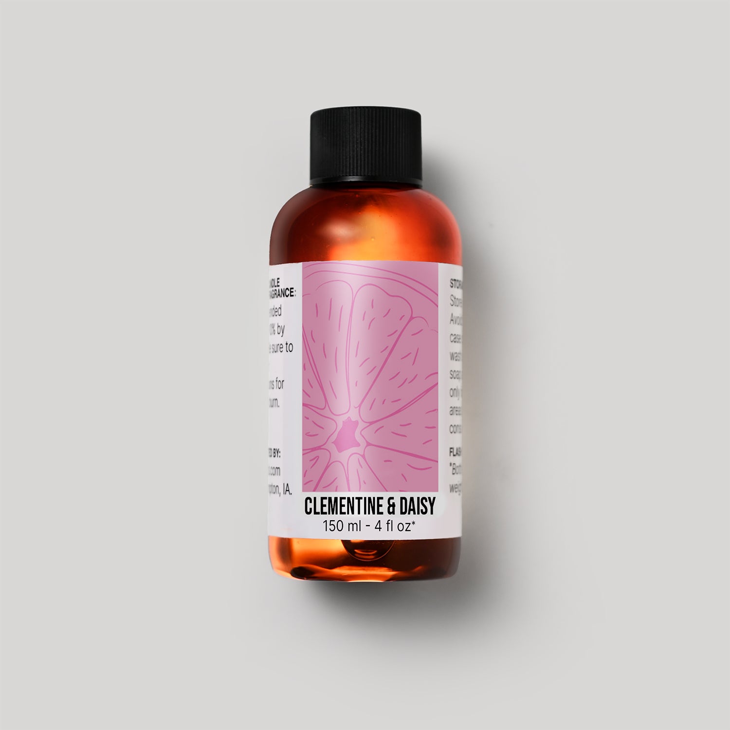 150 ml bottle of Clementine & Daisy fragrance oil with a label on a white background