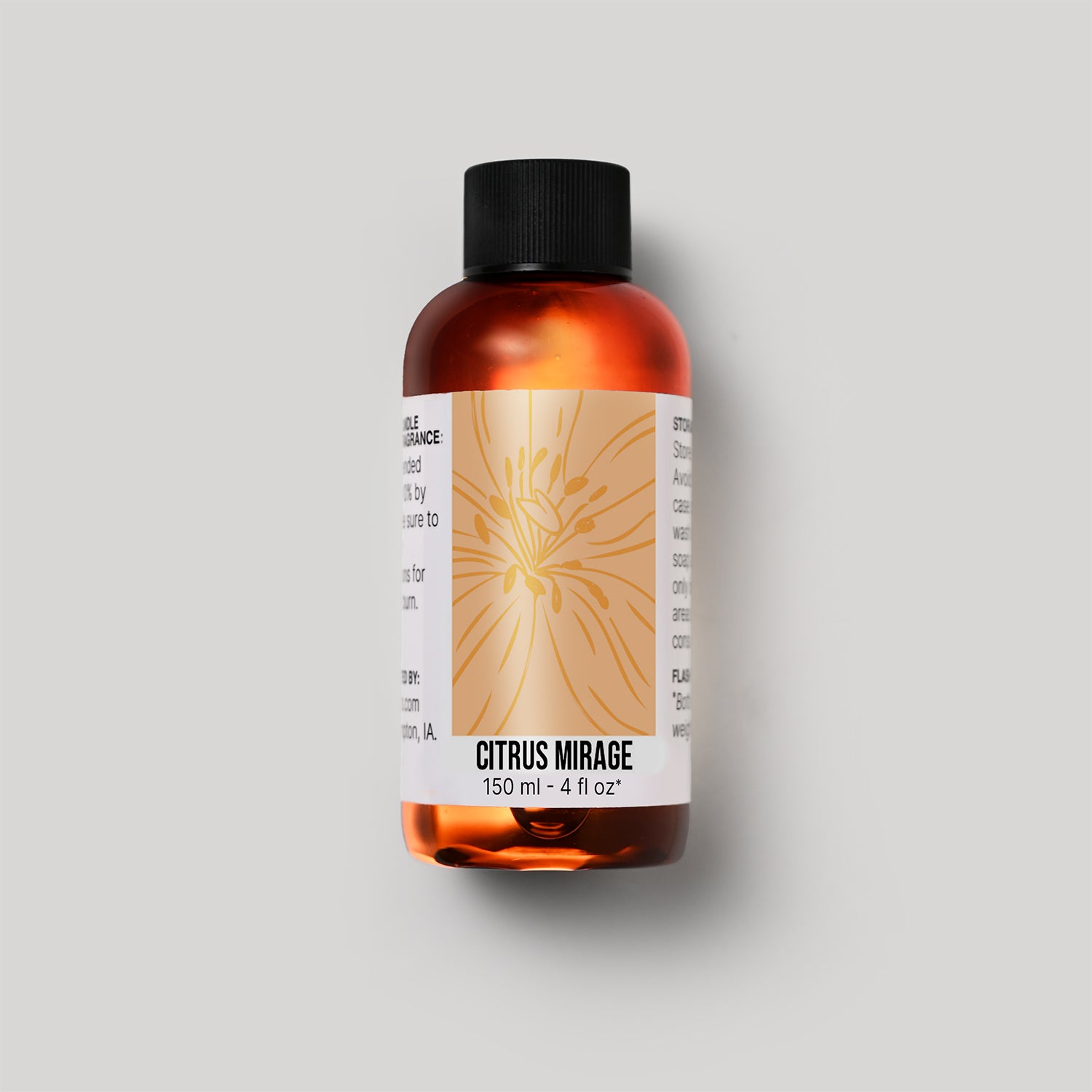 150 ml bottle of Citrus Mirage fragrance oil with a label on a white background