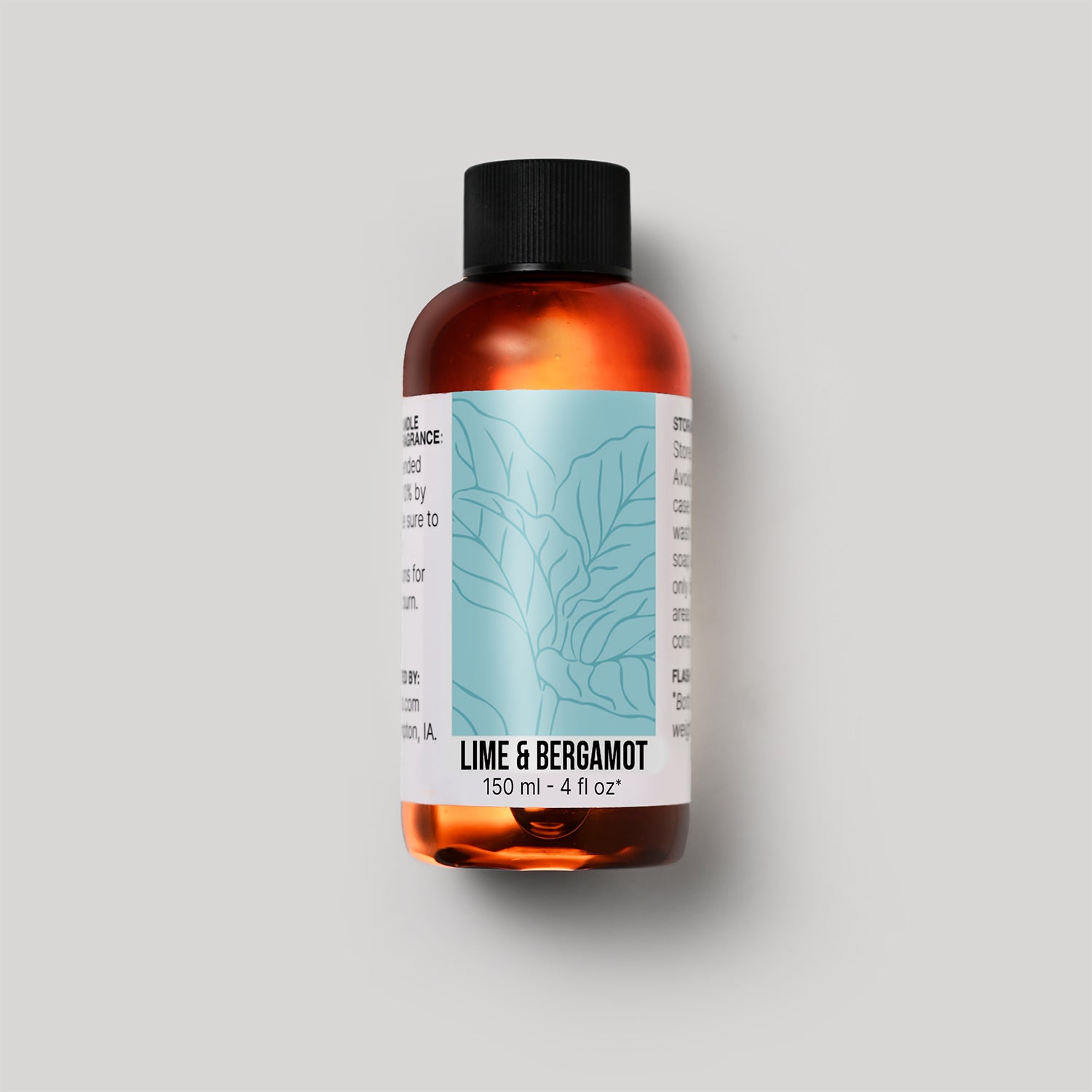 150 ml bottle of Lime & Bergamot fragrance oil with a label on a white background