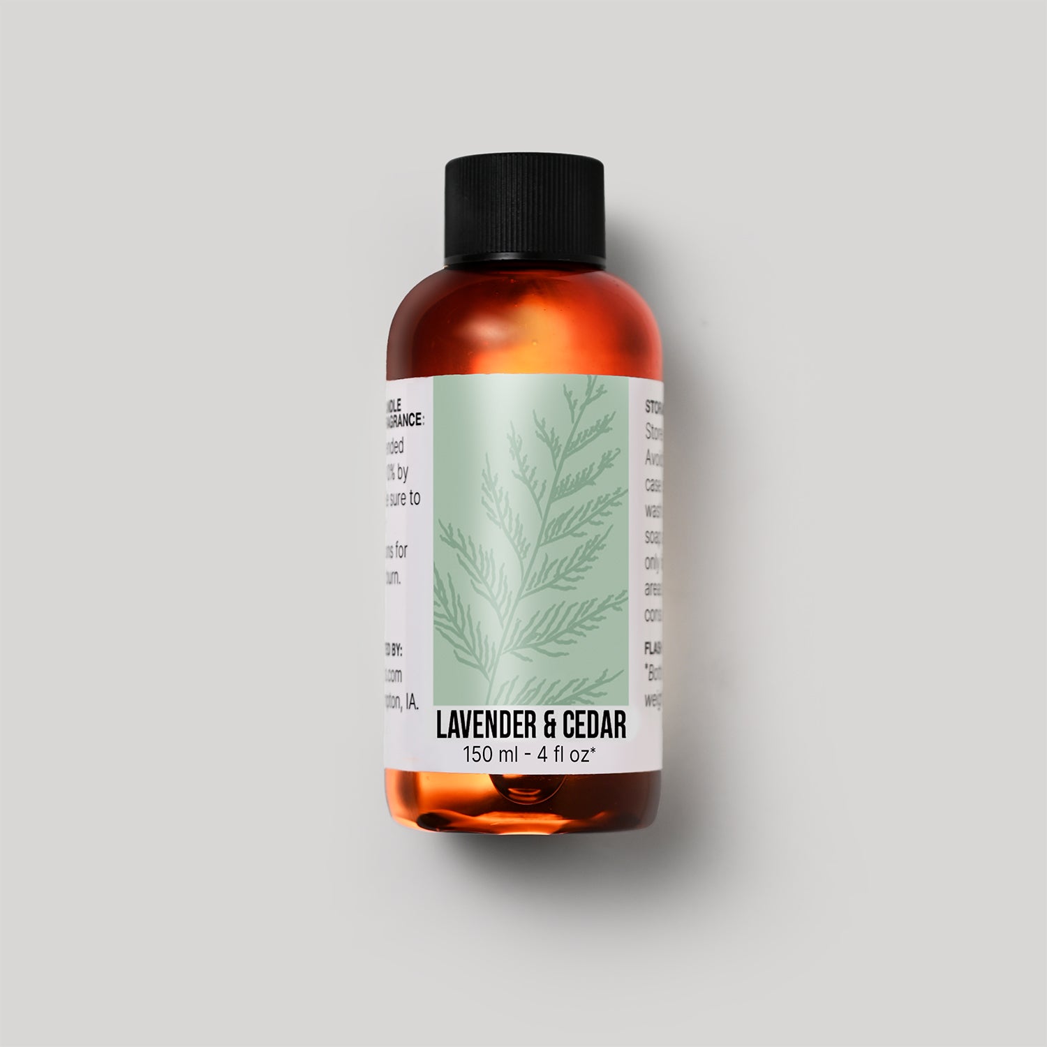 150 ml bottle of Lavender & Cedar fragrance oil with a label on a white background