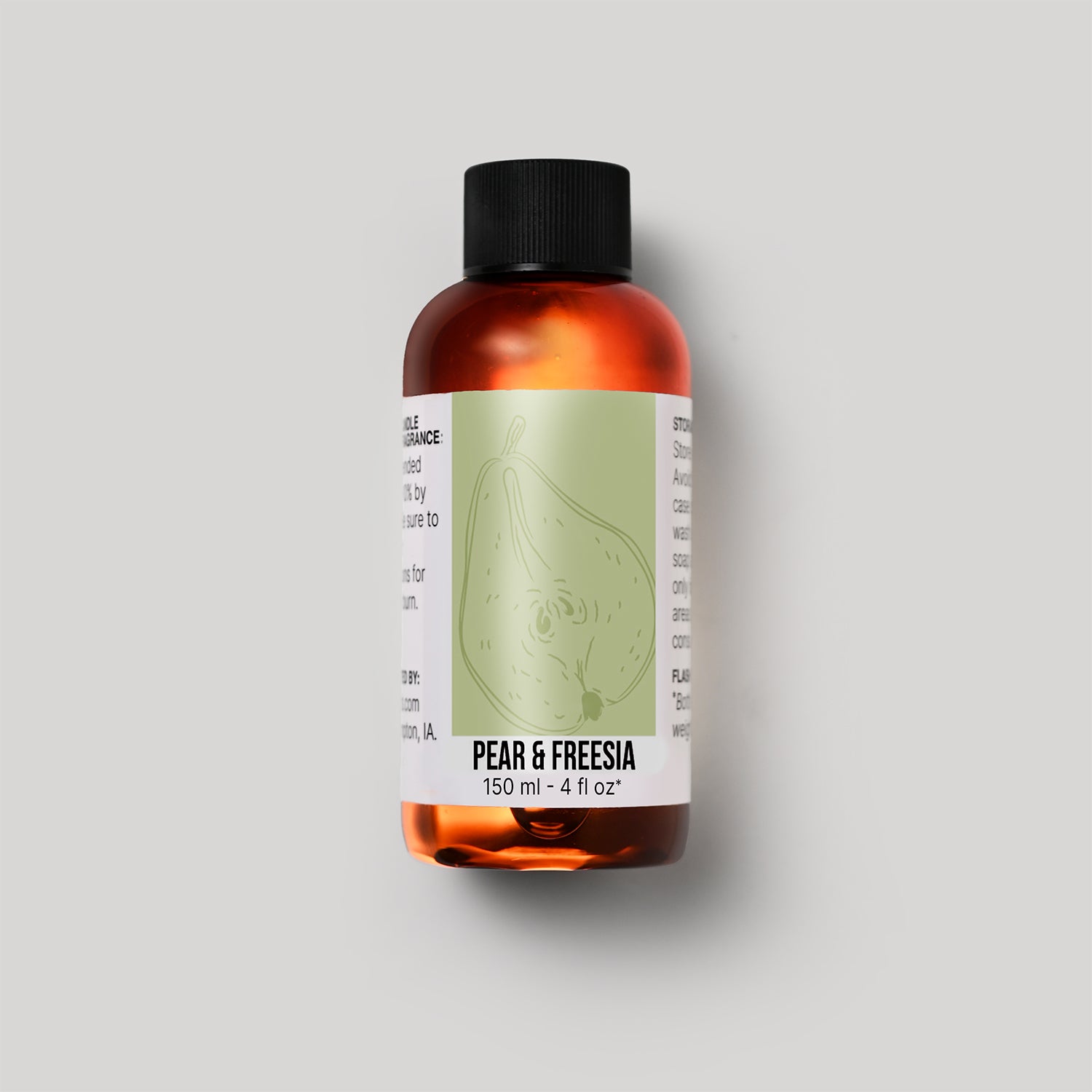 150 ml bottle of Pear & Freesia fragrance oil with a label on a white background