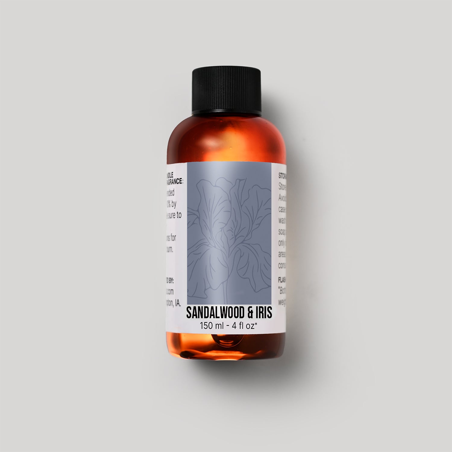 150 ml bottle of Sandalwood & Iris fragrance oil with a label on a white background