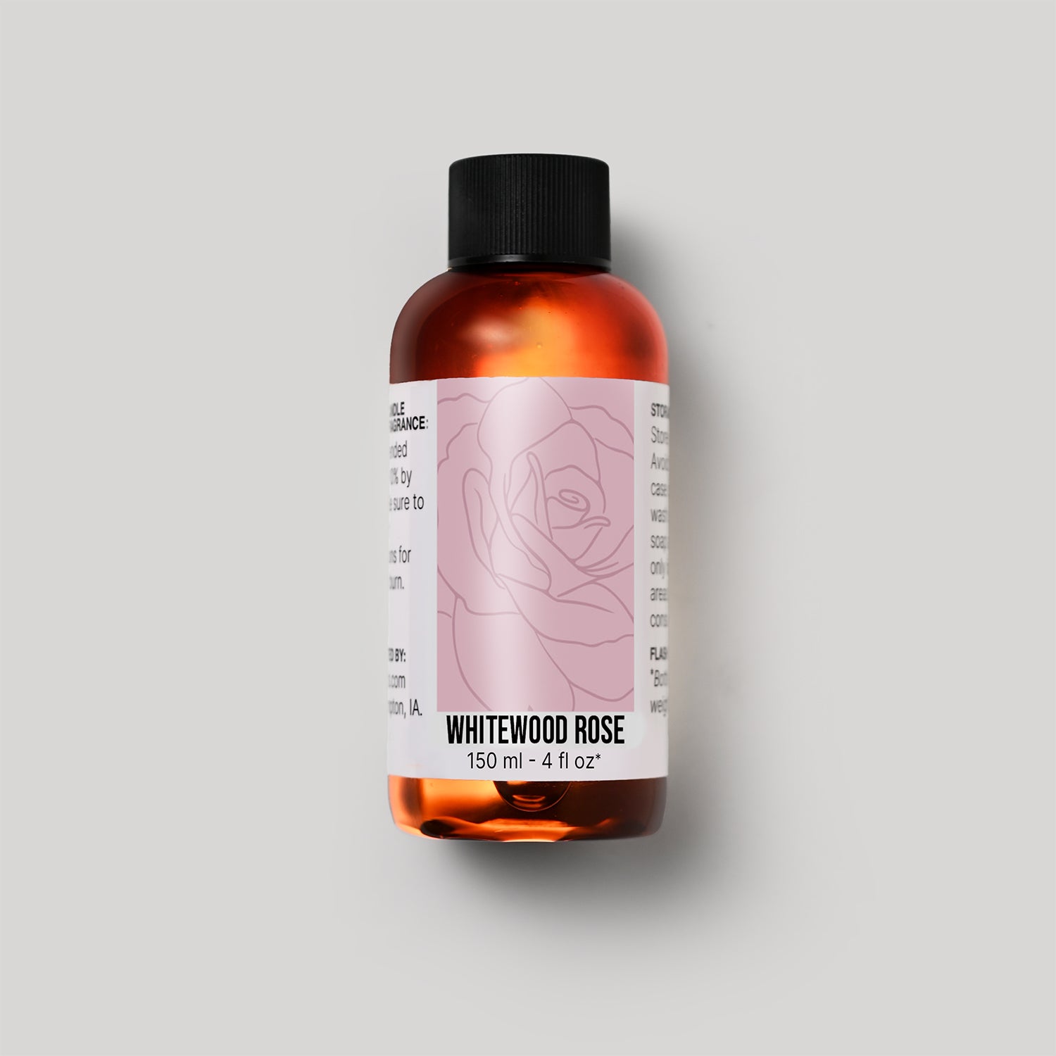 150 ml bottle of Whitewood Rose fragrance oil with a label on a white background
