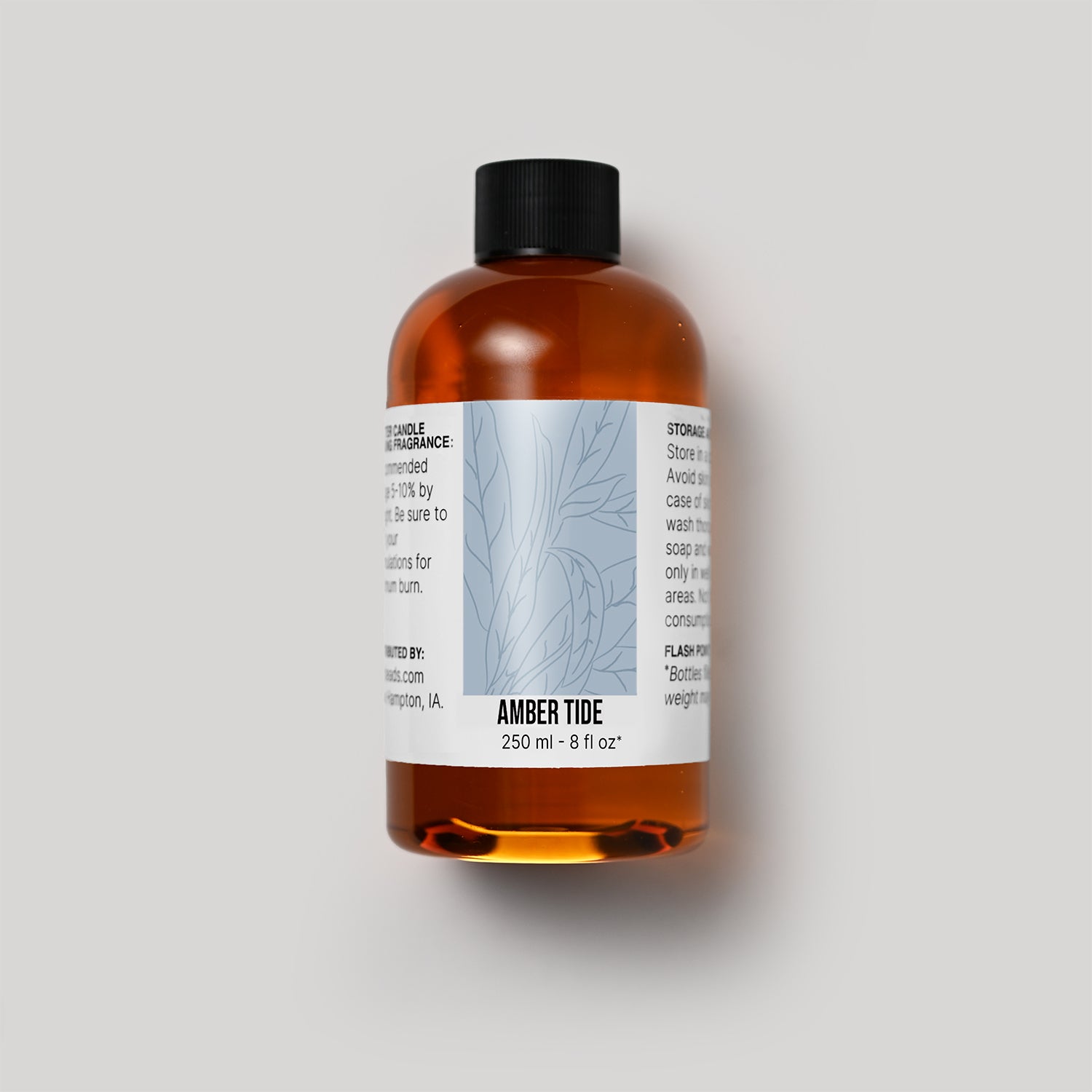 250 ml bottle of Amber Tide fragrance oil with a label on a white background
