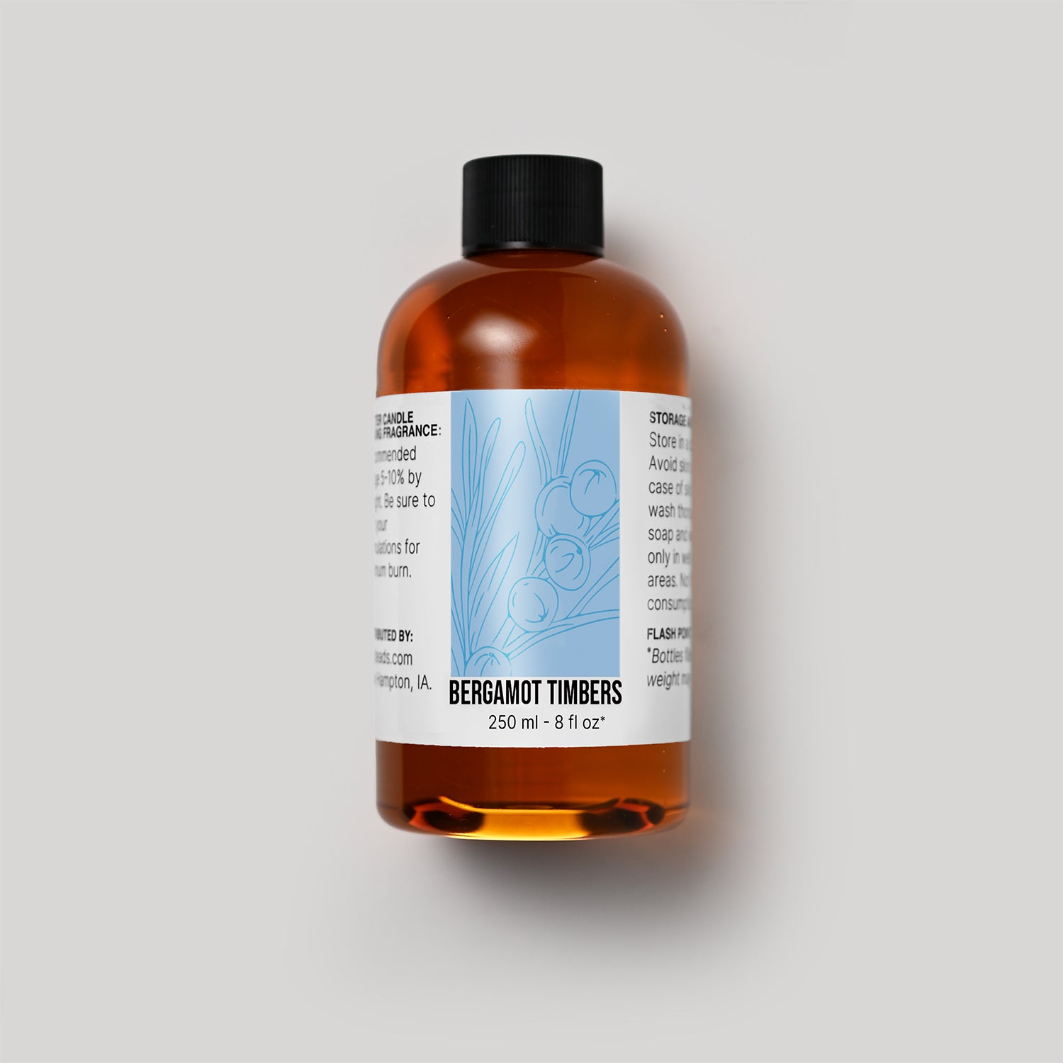 250 ml bottle of Bergamot Timbers fragrance oil with a label on a white background