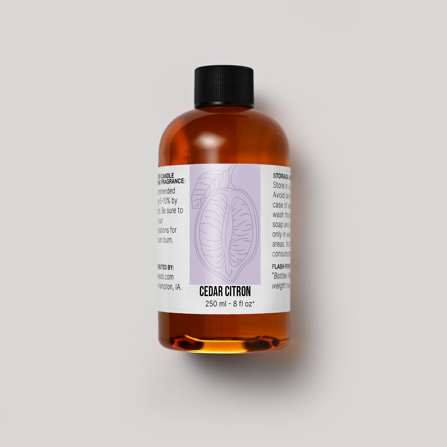 250 ml bottle of Cedar Citron fragrance oil with a label on a white background