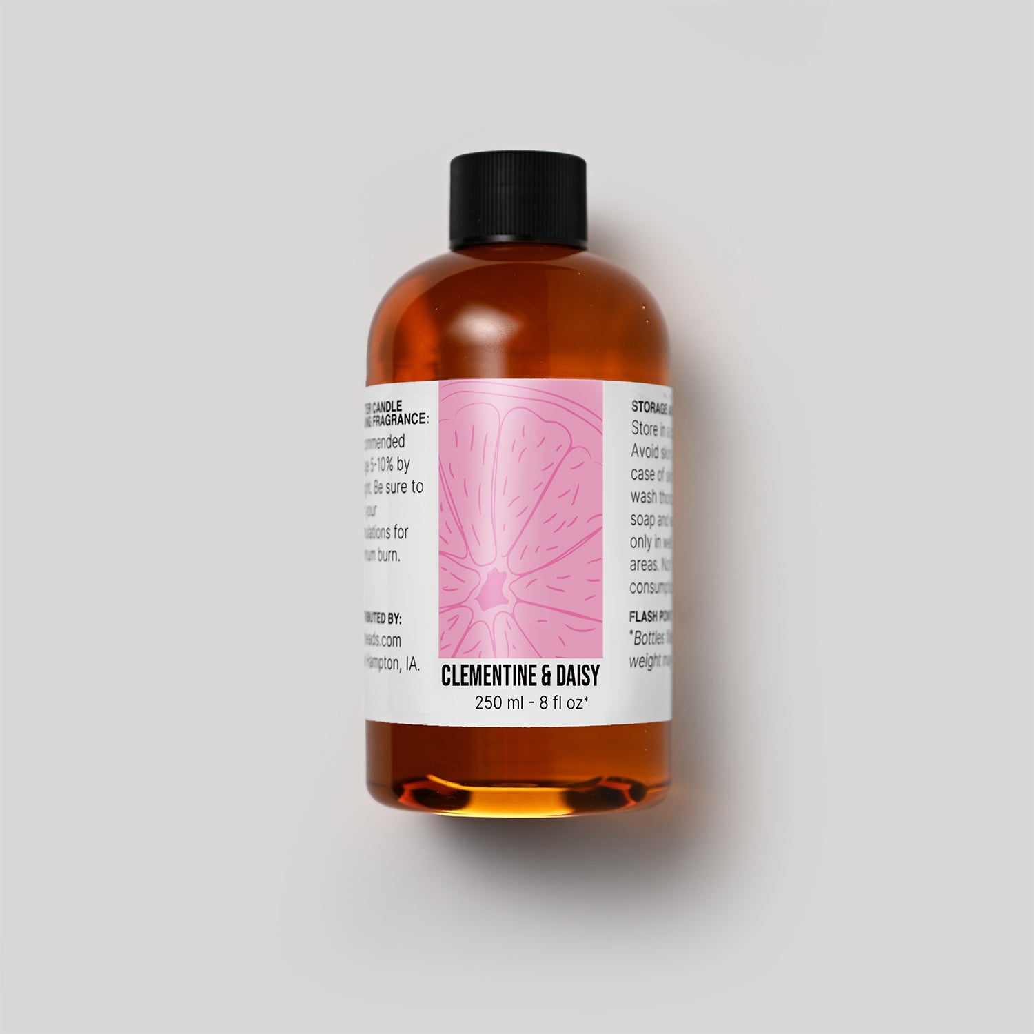 250 ml bottle of Clementine & Daisy fragrance oil with a label on a white background