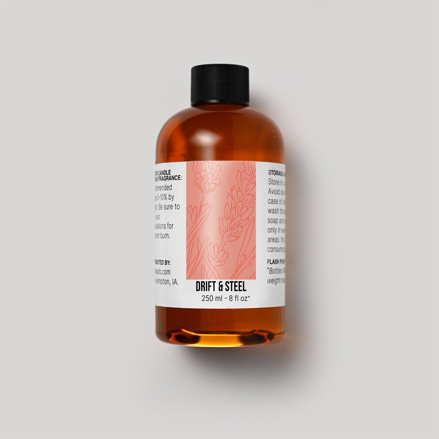 250 ml bottle of Drift & Steel fragrance oil with a label on a white background