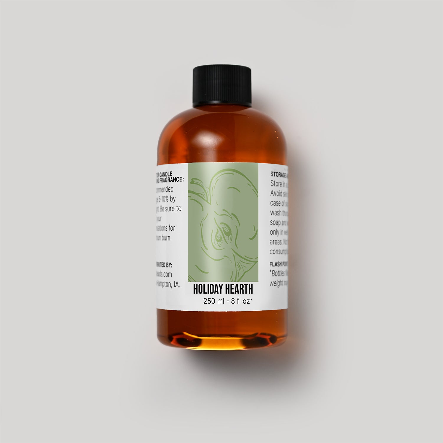 250 ml bottle of Holiday Hearth fragrance oil with a label on a white background