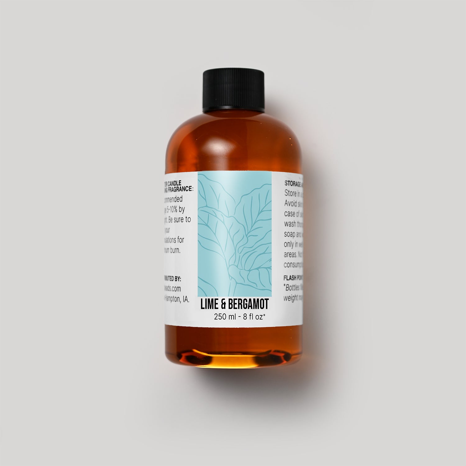 250 ml bottle of Lime & bergamot fragrance oil with a label on a white background