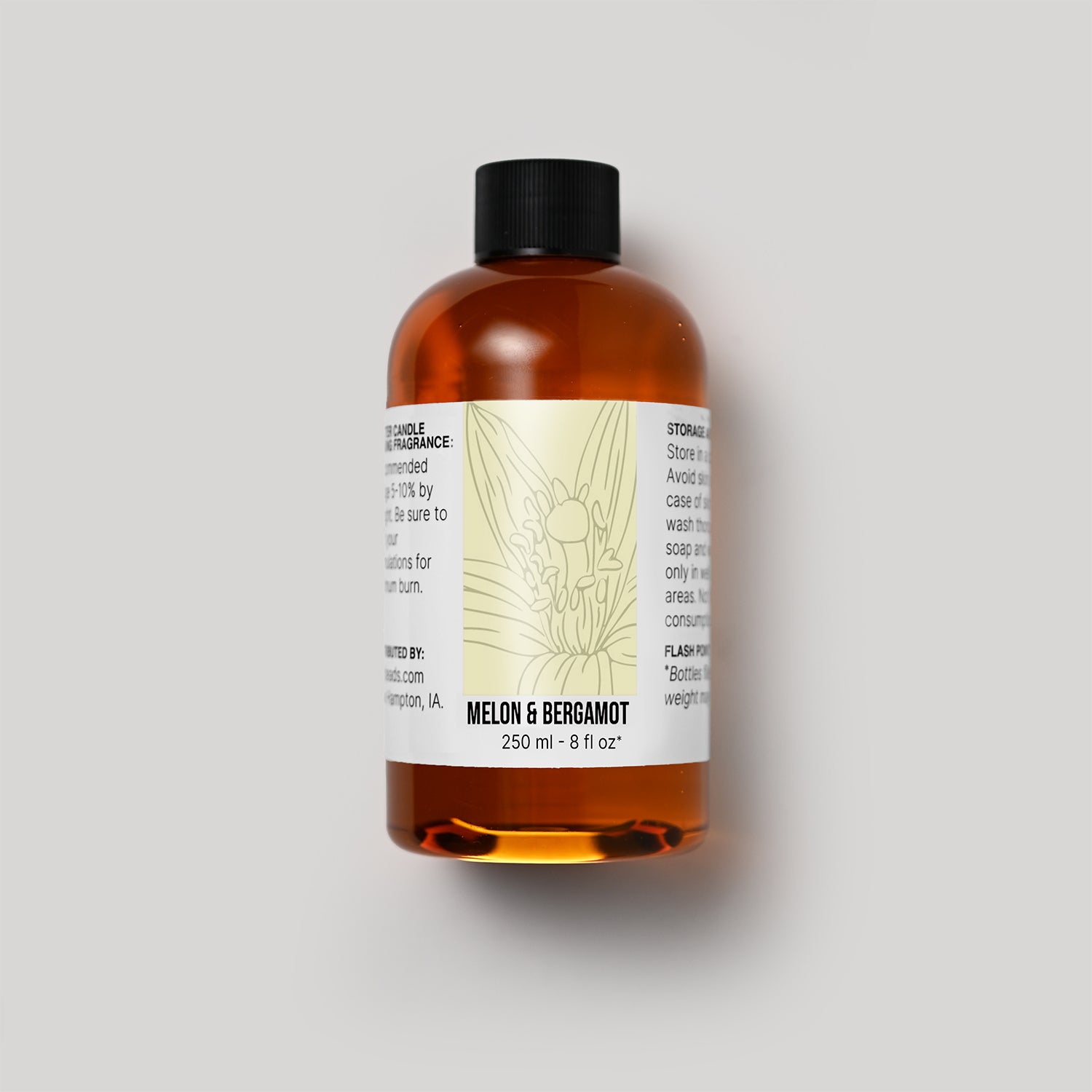 250 ml bottle of Melon & Bergamot fragrance oil with a label on a white background