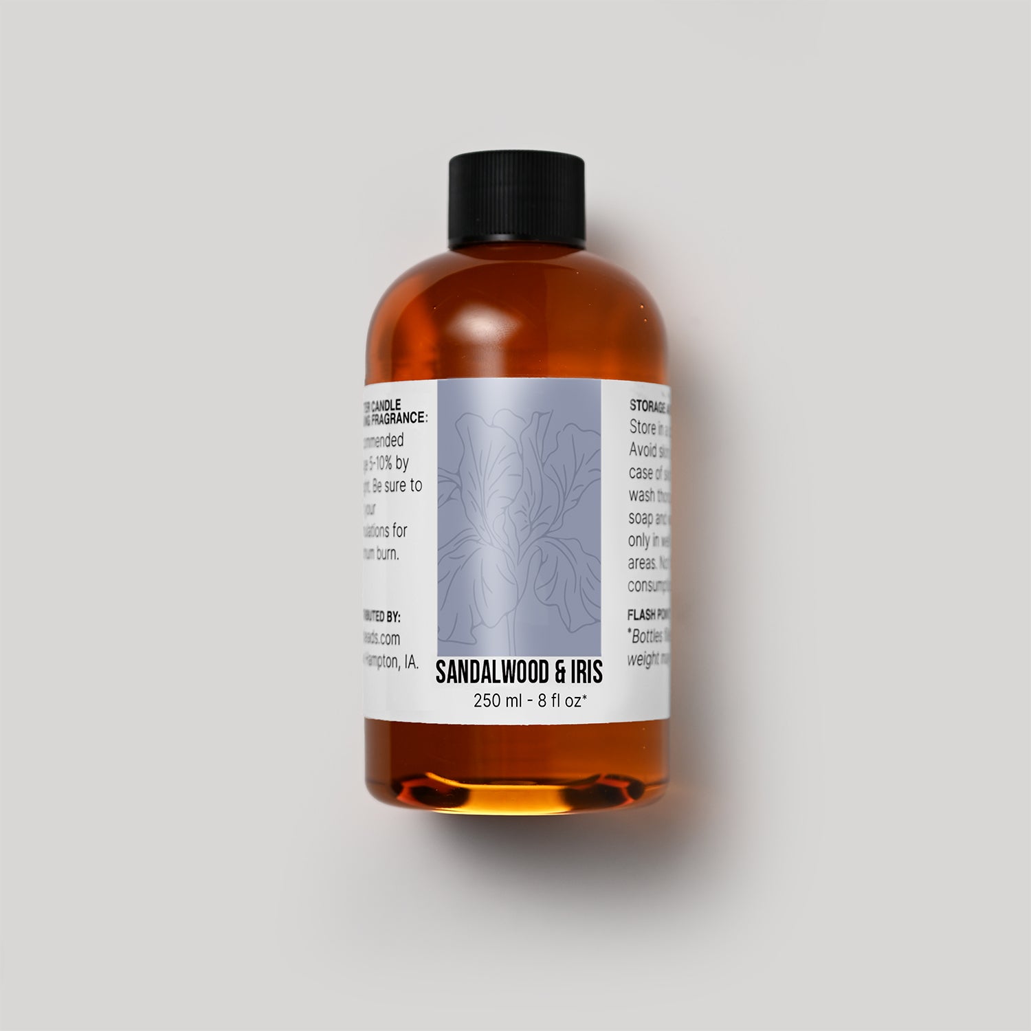 250 ml bottle of Sandalwood & Iris fragrance oil with a label on a white background