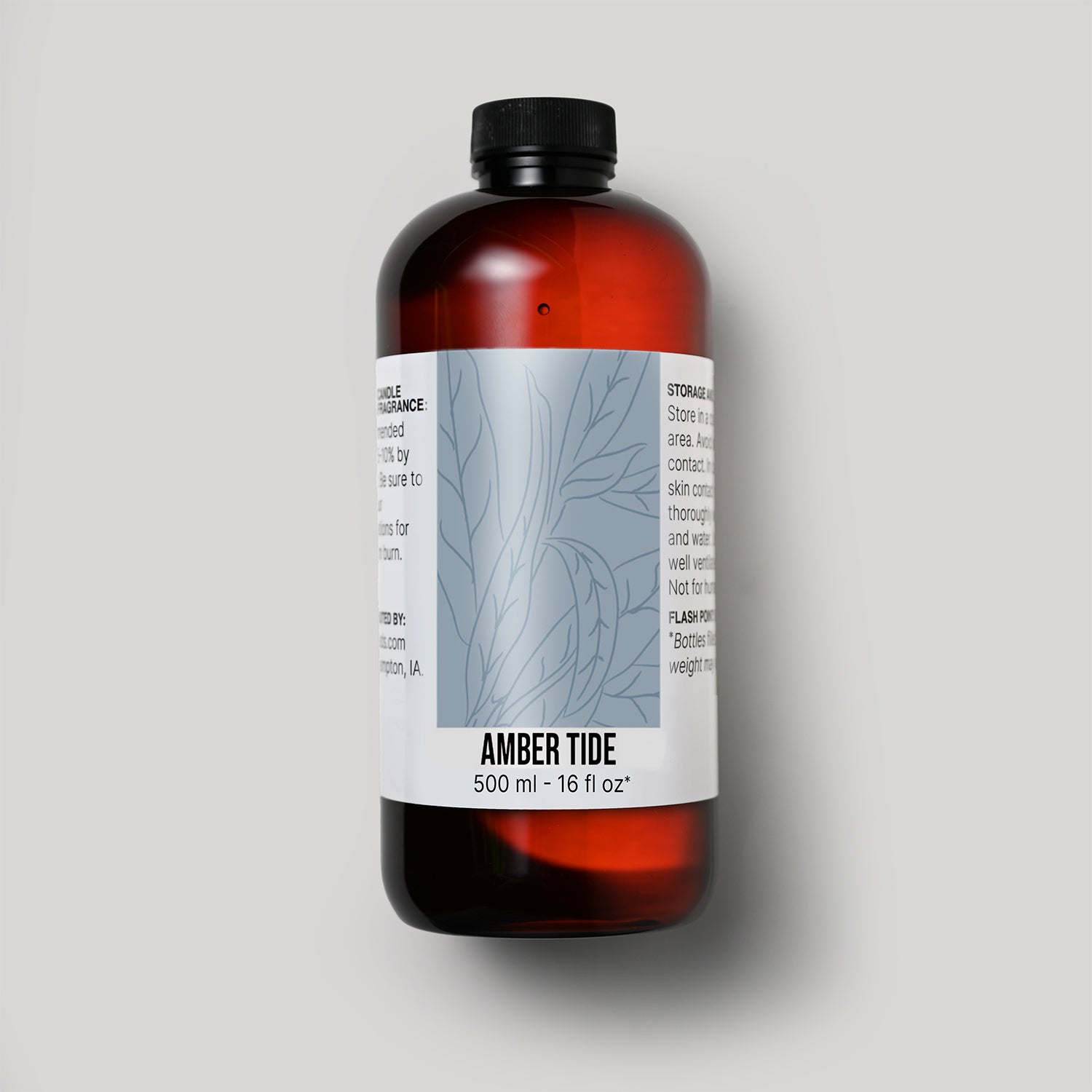 500 ml bottle of Amber Tide fragrance oil with a label on a white background