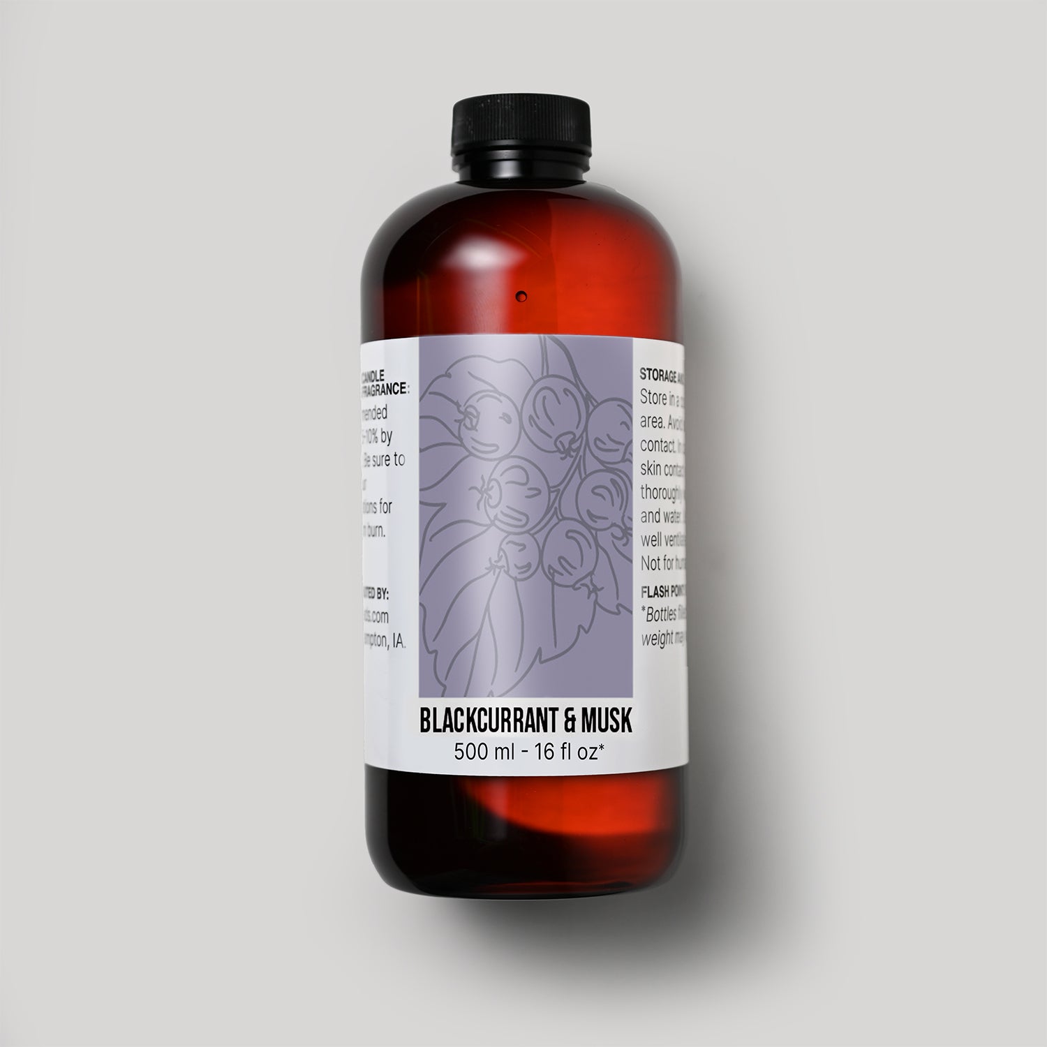 500 ml bottle of Blackcurrant & Musk fragrance oil with a label on a white background
