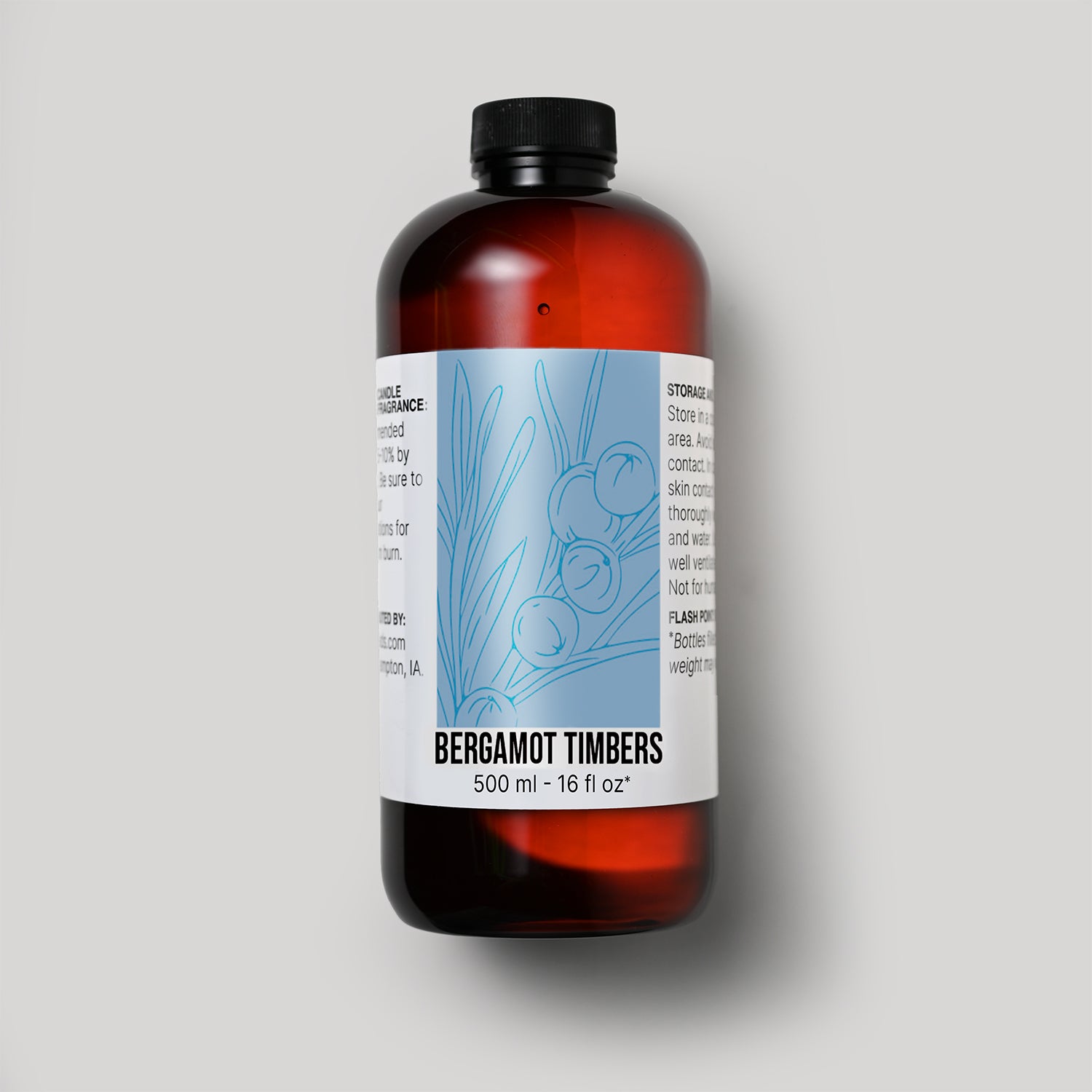 500 ml bottle of Bergamot Timbers fragrance oil with a label on a white background