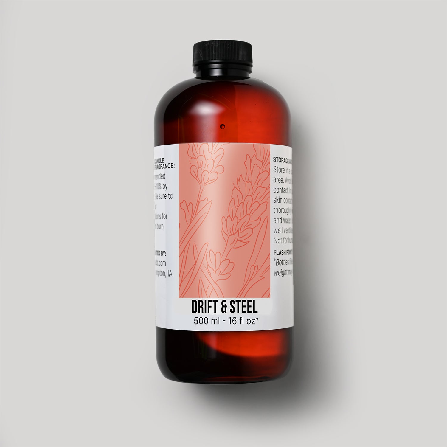 500 ml bottle of Drift & Steel fragrance oil with a label on a white background