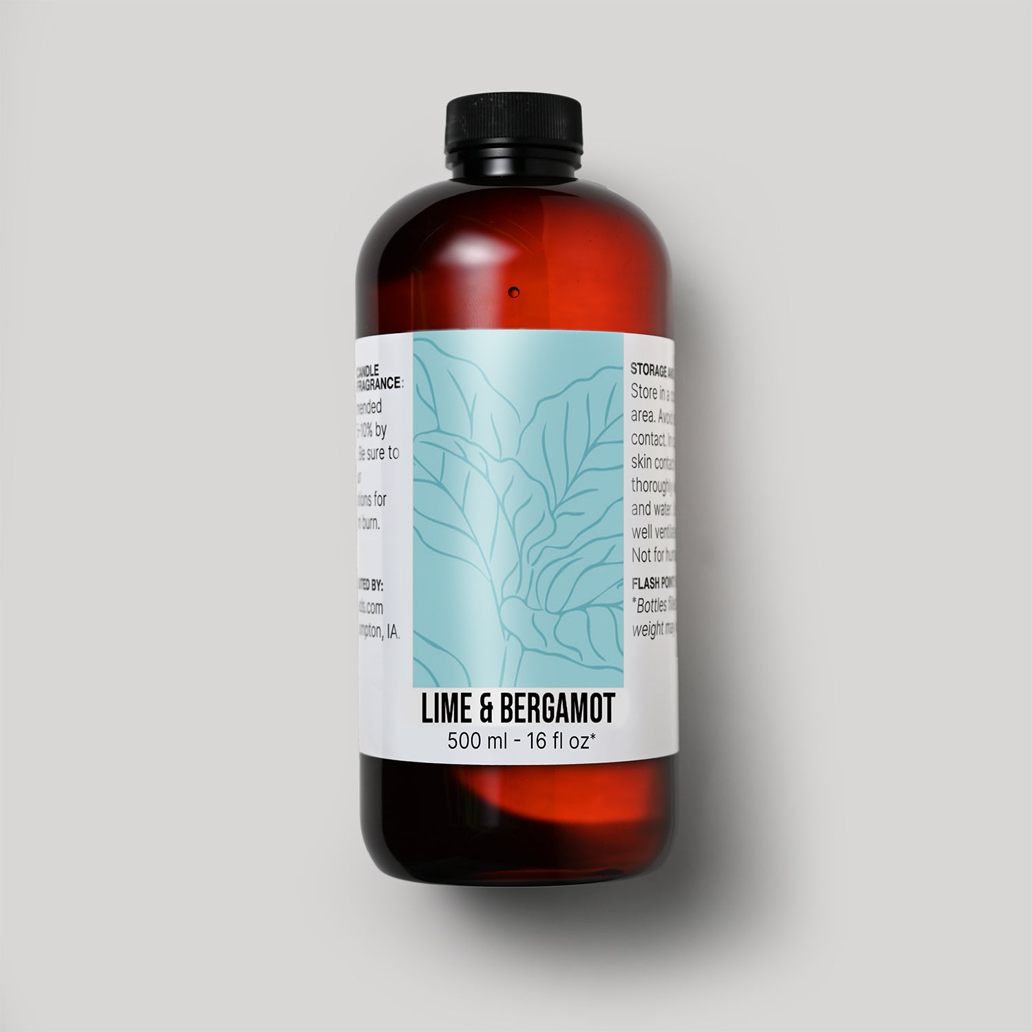 500 ml bottle of Lime & Bergamot fragrance oil with a label on a white background