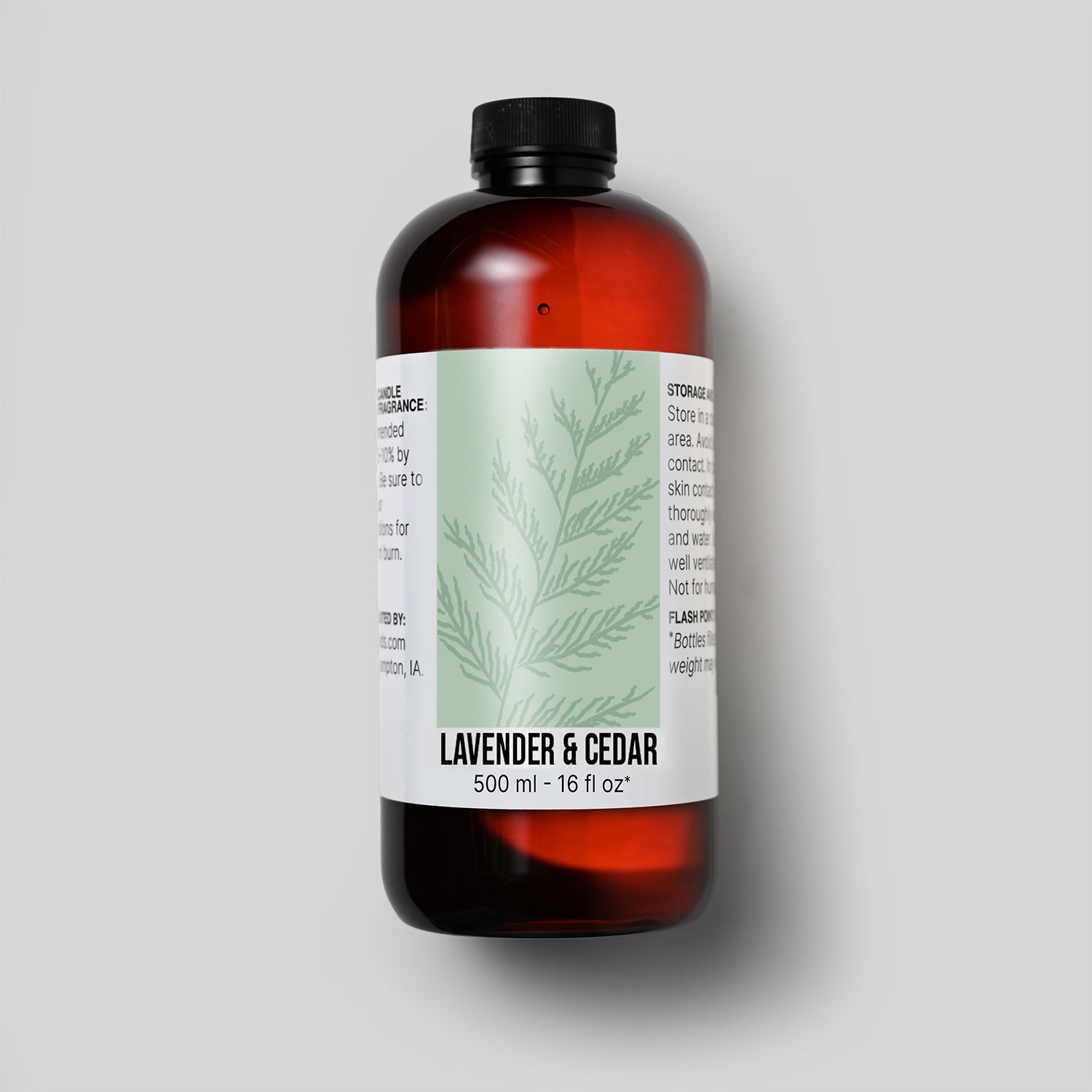 500 ml bottle of Lavender & Cedar fragrance oil with a label on a white background