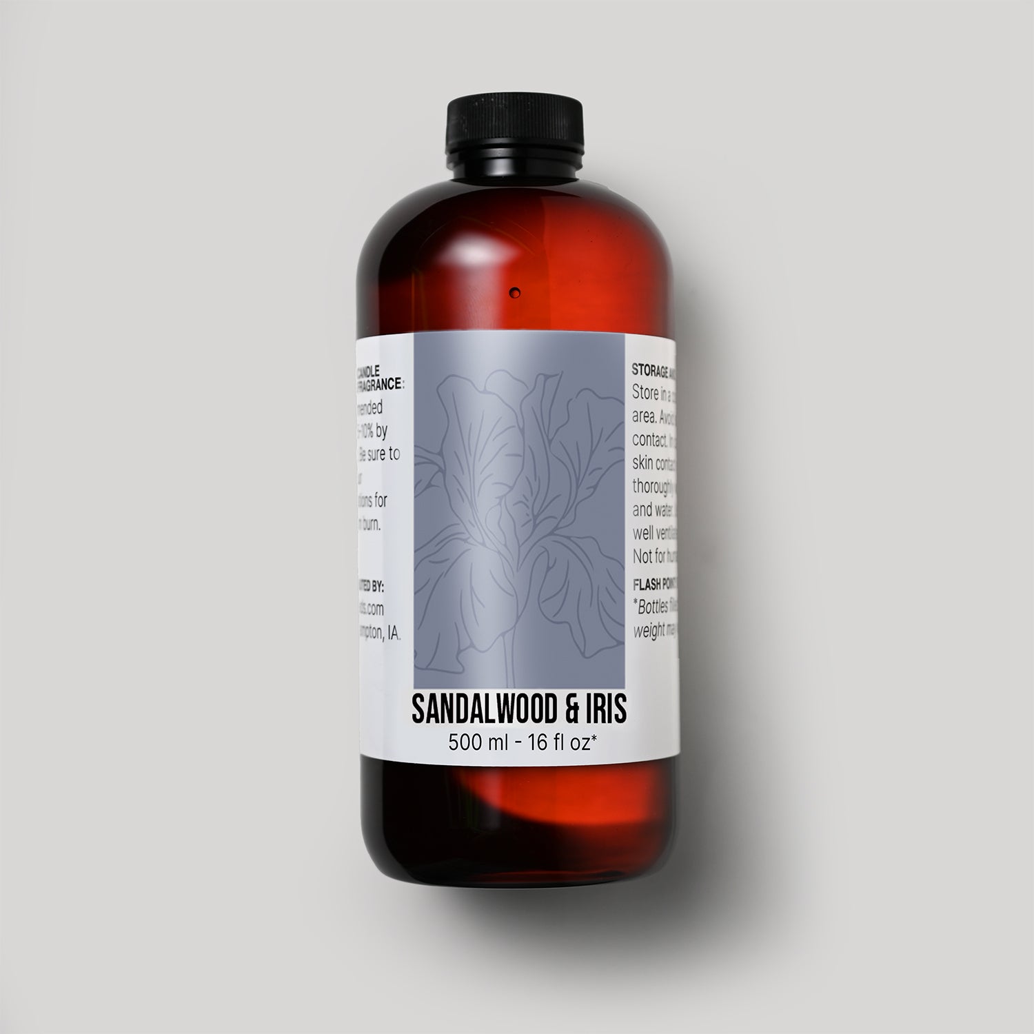 500 ml bottle of Sandalwood & Iris fragrance oil with a label on a white background