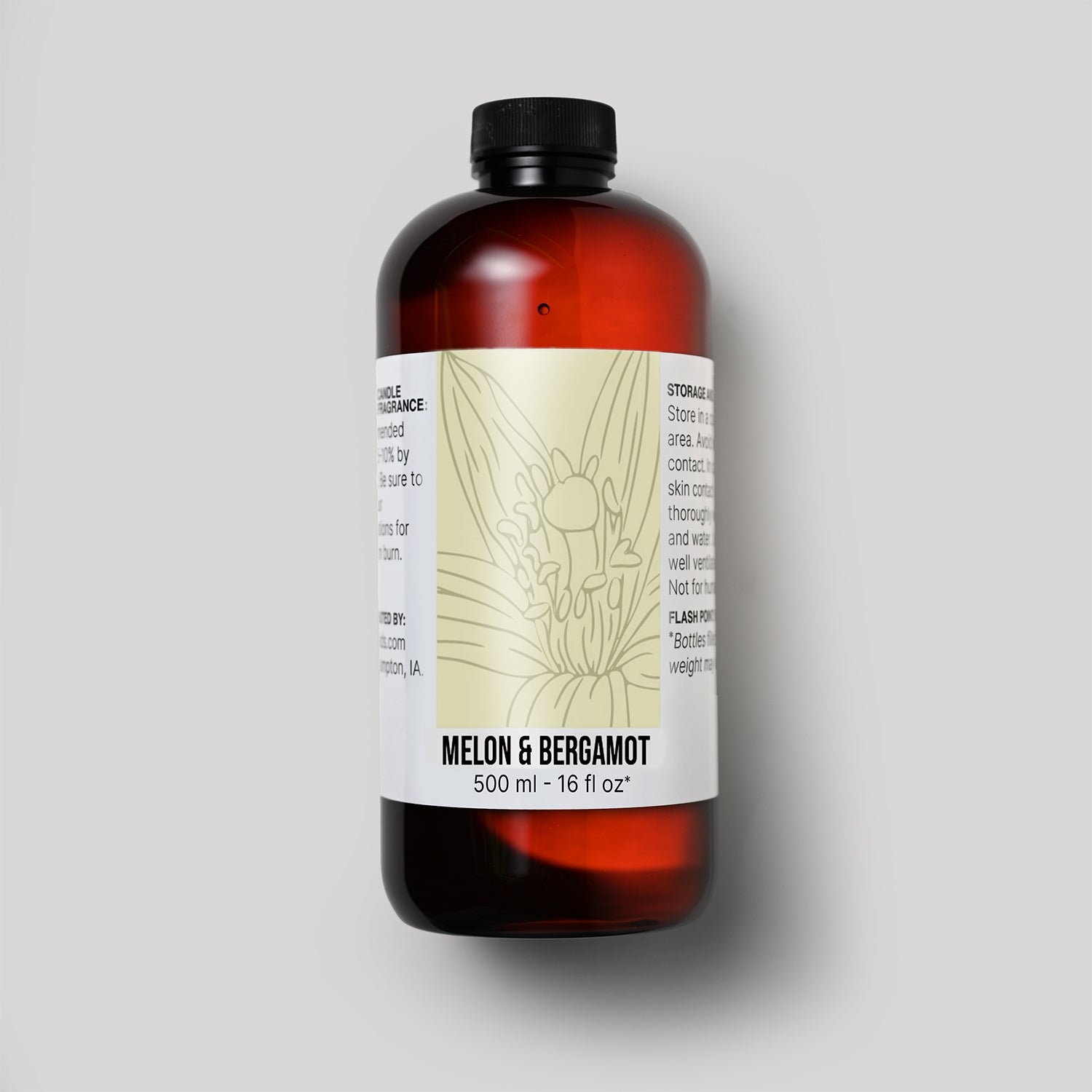 500 ml bottle of Melon & Bergamot fragrance oil with a label on a white background