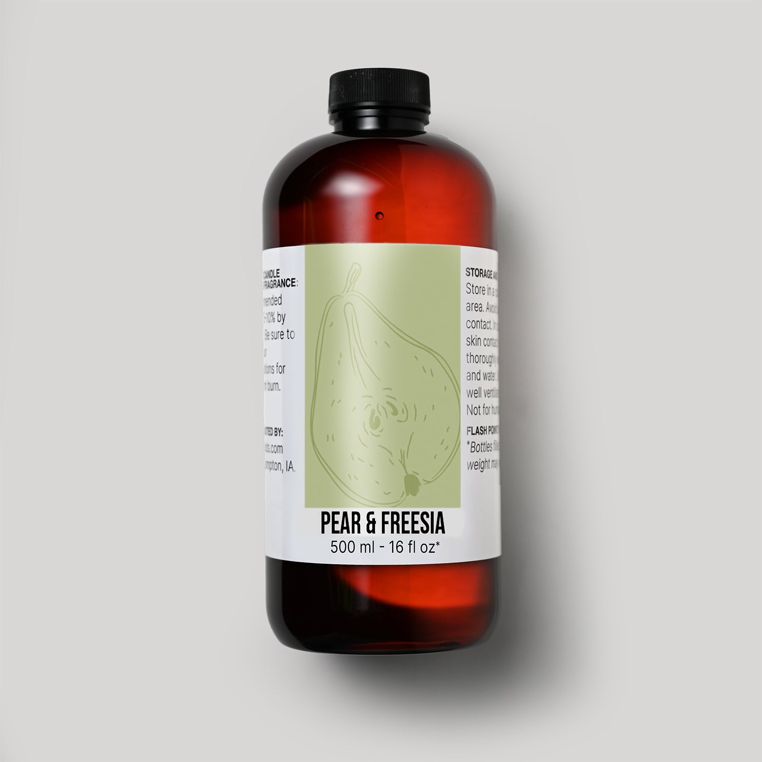 500 ml bottle of Pear & Freesia fragrance oil with a label on a white background