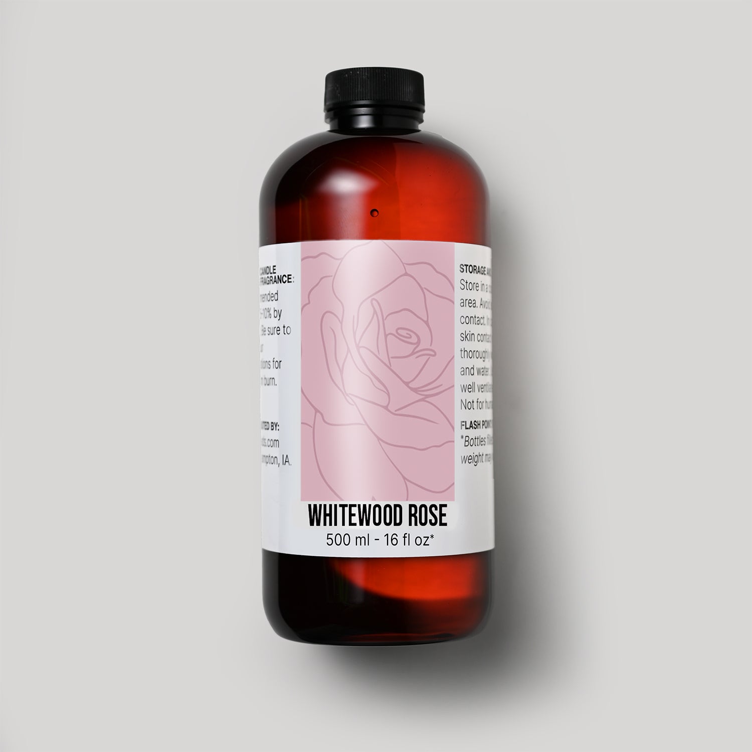 500 ml bottle of Whitewood Rose fragrance oil with a label on a white background