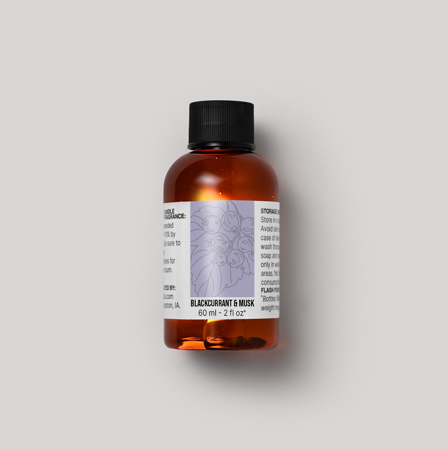 60 ml bottle of Blackcurrant & Musk fragrance oil with a label on a white background