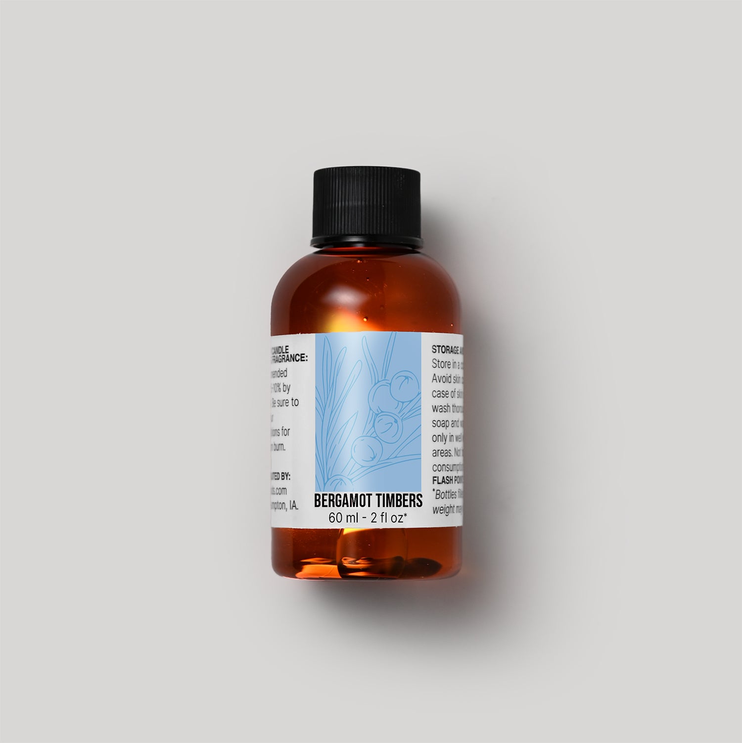 60 ml bottle of Bergamot Timbers fragrance oil with a label on a white background