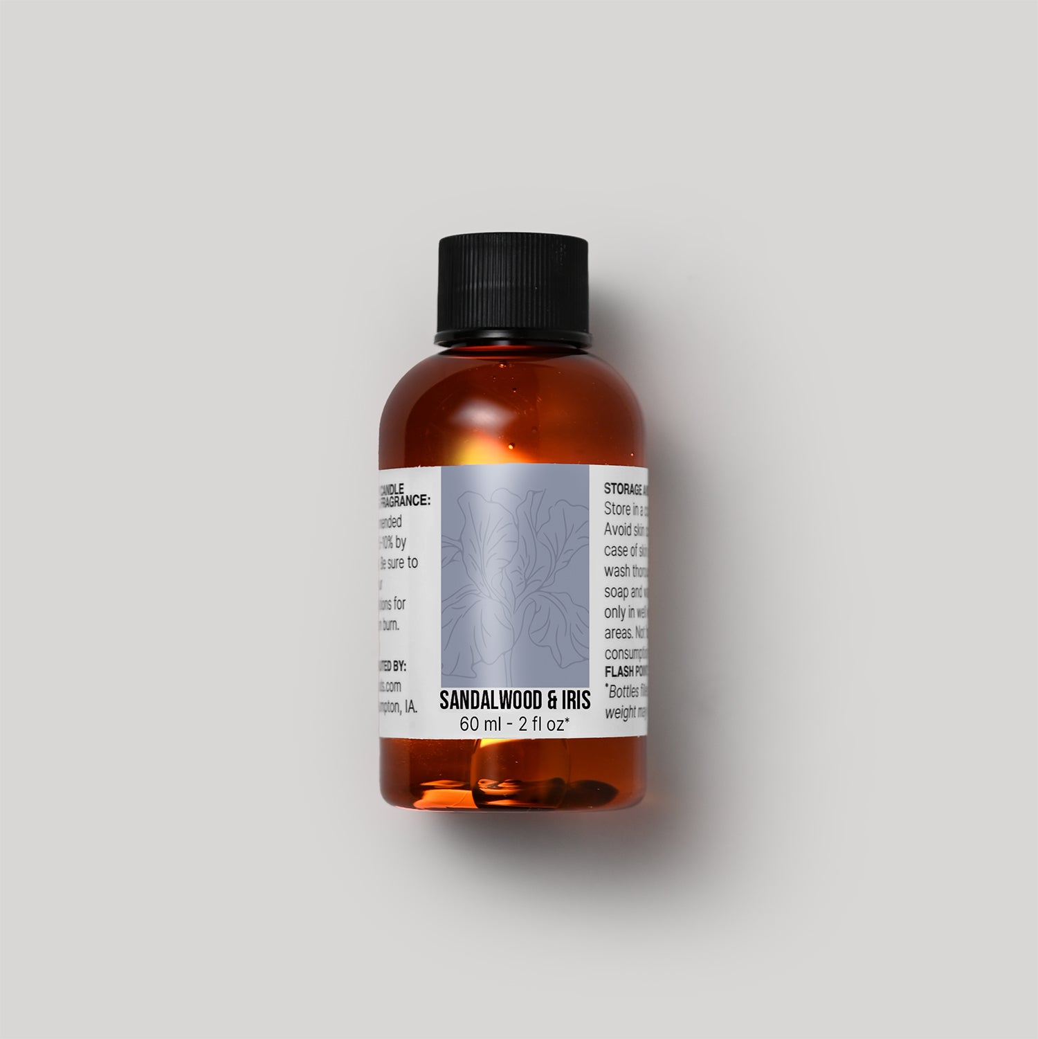 60 ml bottle of Sandalwood & Iris fragrance oil with a label on a white background