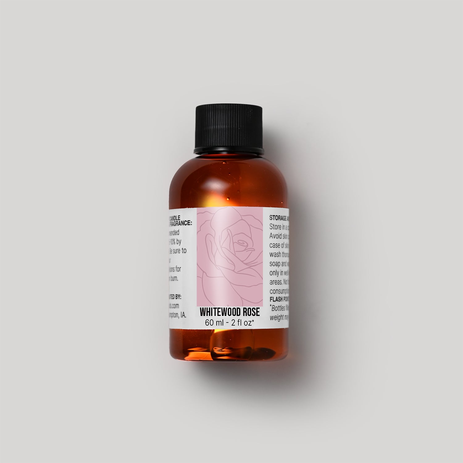 60 ml bottle of Whitewood Rose fragrance oil with a label on a white background