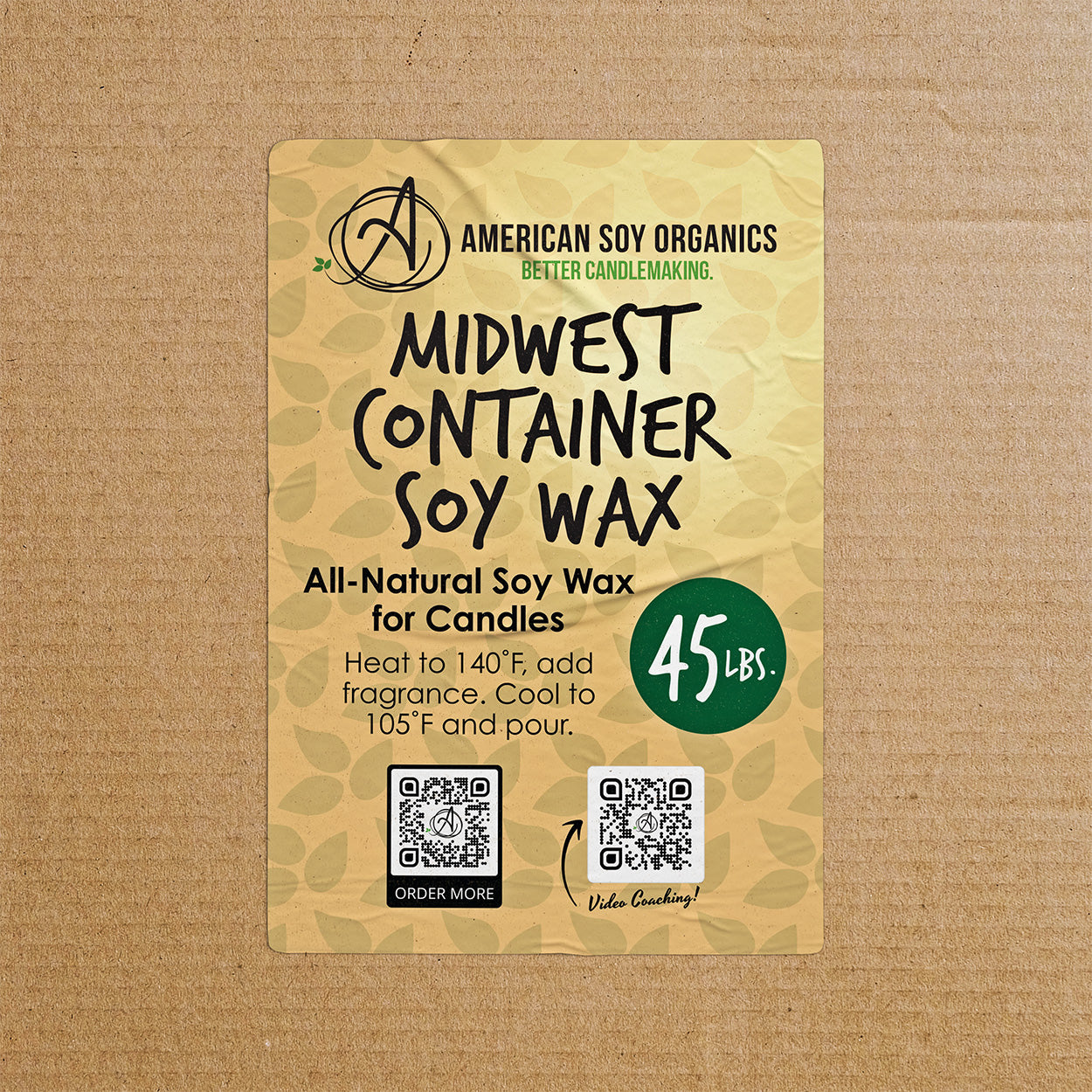 American Soy Organics Midwest Container Soy Wax packaging on a brown background