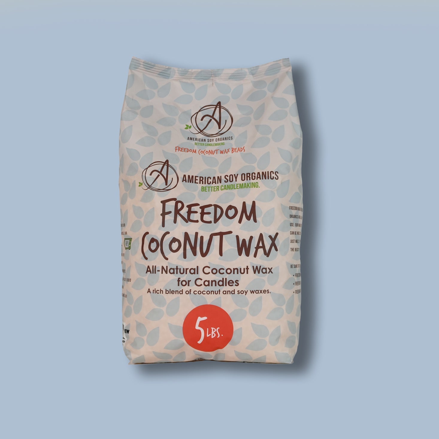 White 5 lb. bag of American Soy Organics Freedom Coconut Wax on a light blue background