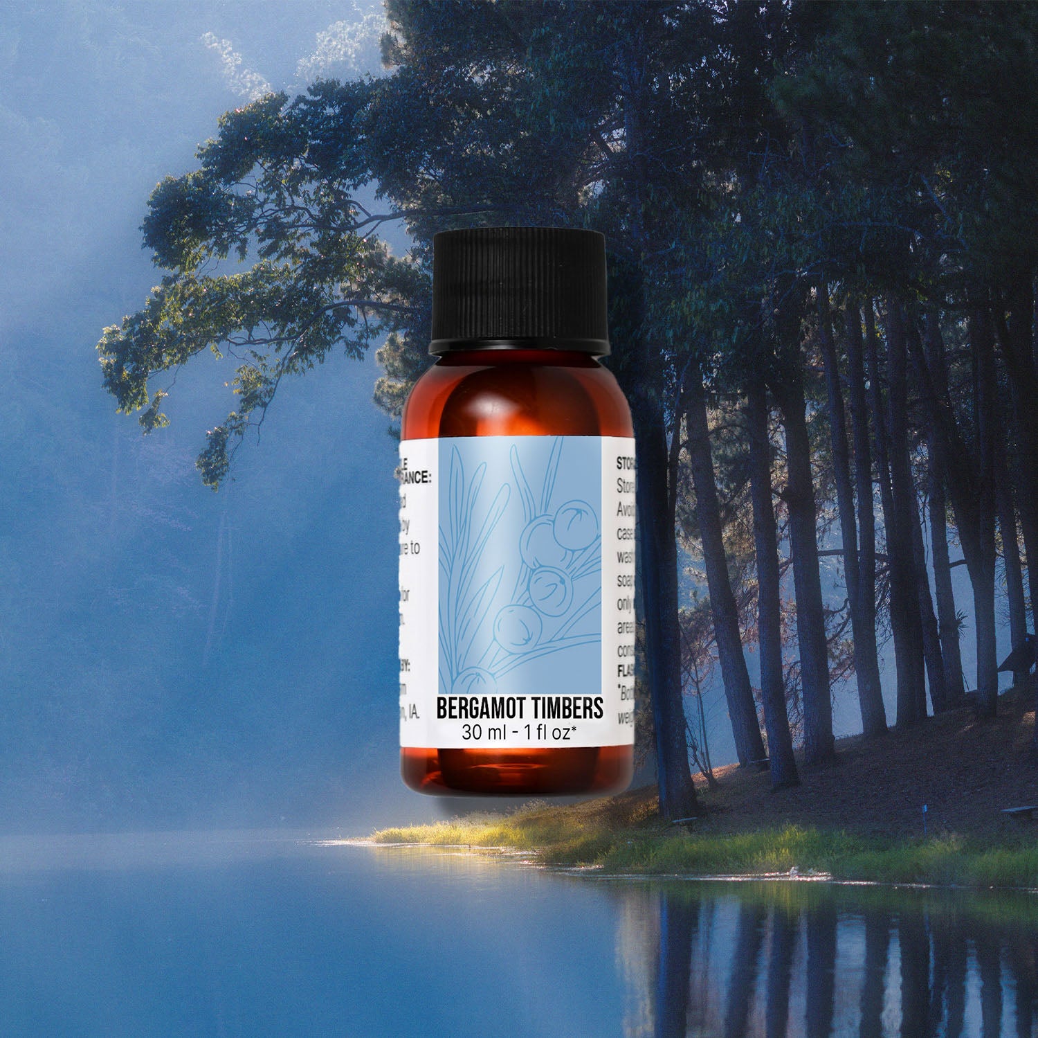 Bottle of Bergamot Timbers fragrance oil with a forest and lake background