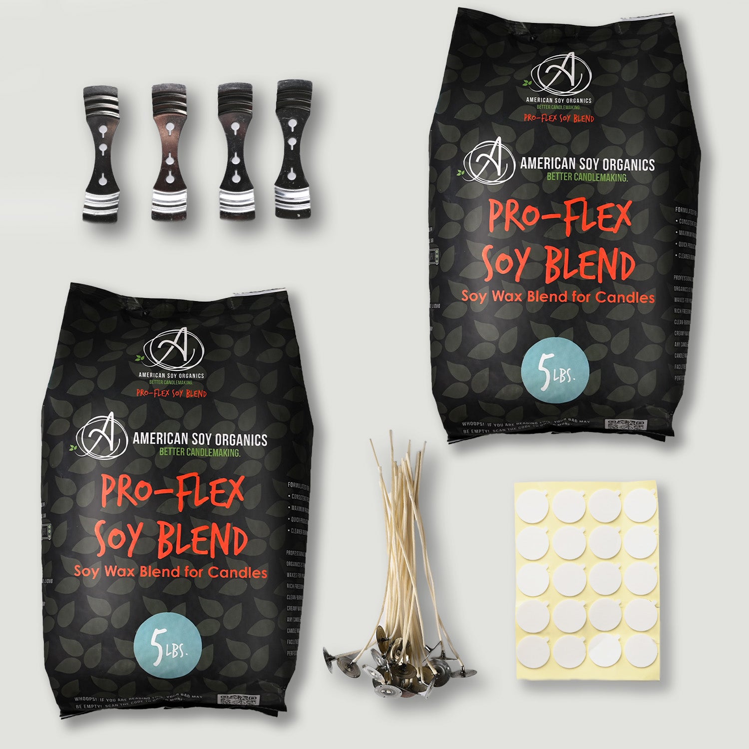 American Soy Organics Pro-Flex Soy Blend packaging with additional items on a light gray background