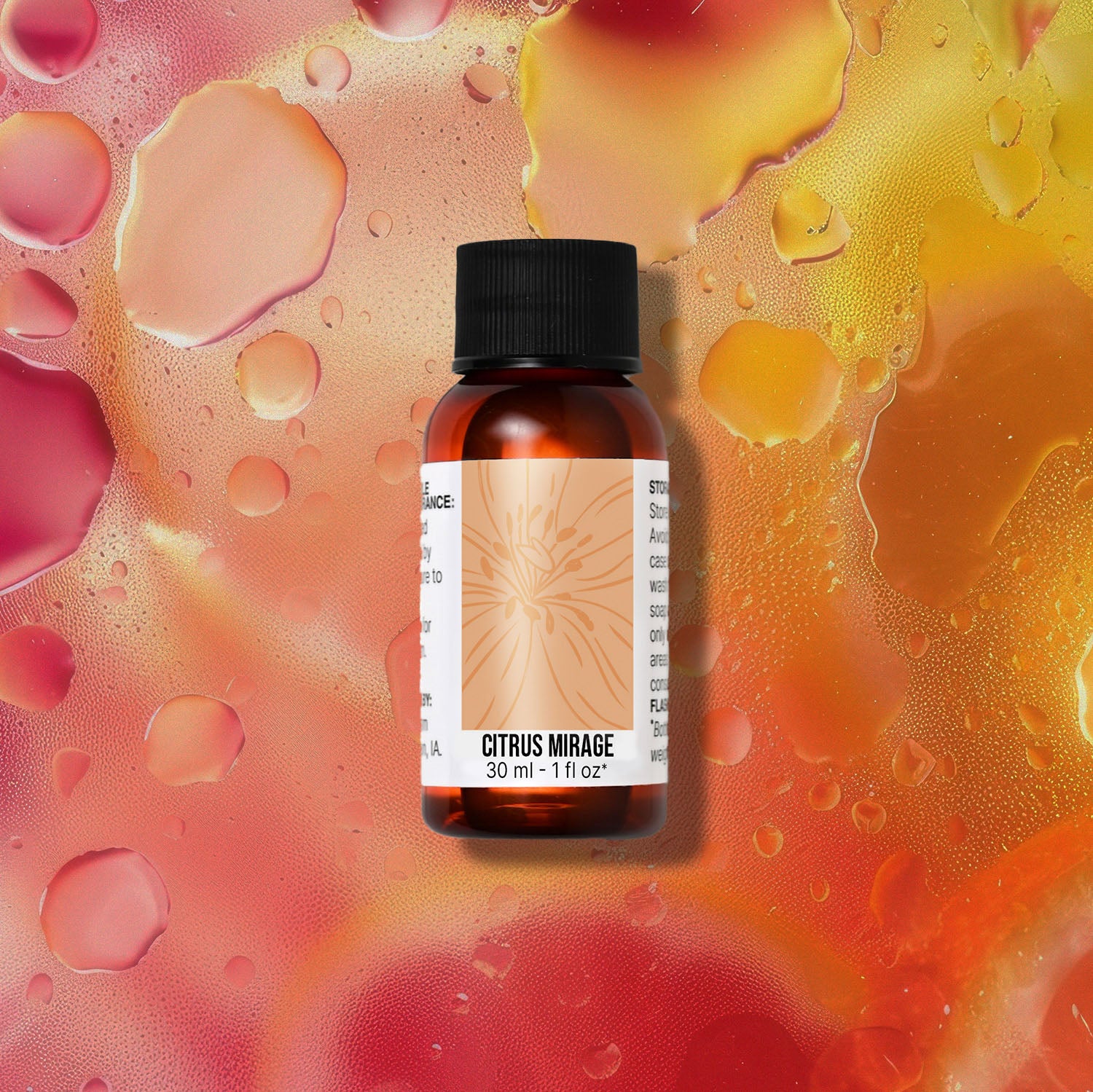 Bottle of 'Citrus Mirage' fragrance oil on a red, pink and golden tones with droplets abstract background