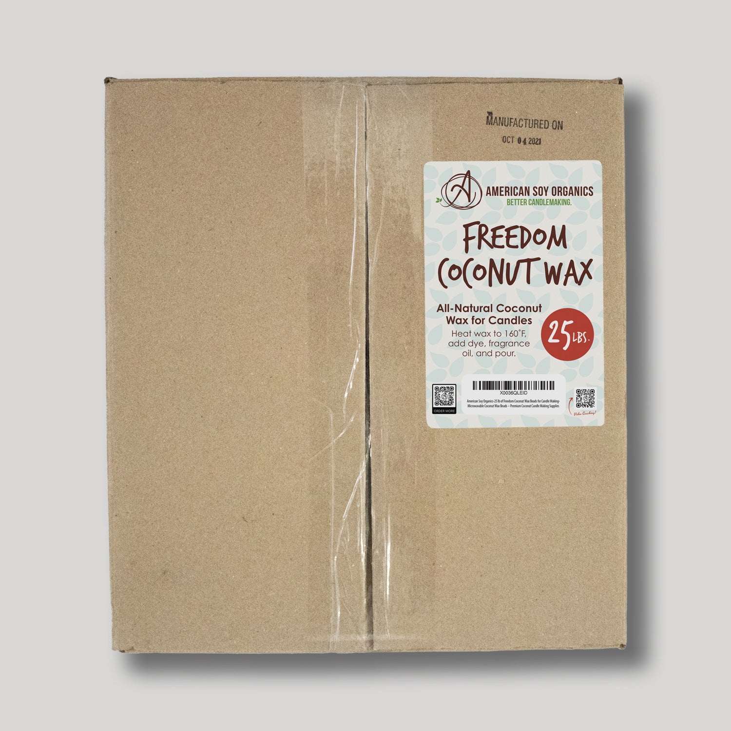 Cardboard box with a white label for 25 lbs. of Freedom Coconut Wax on a white background