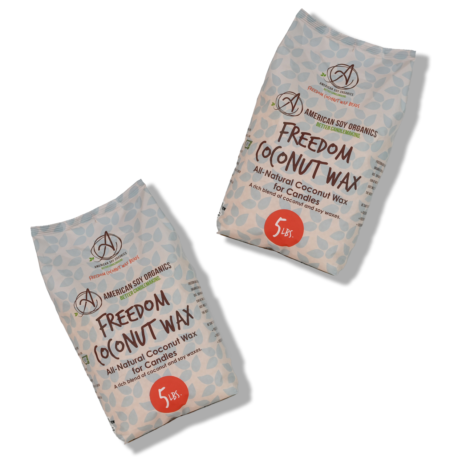 Two white 5 lb. packages of Freedom Coconut Wax on a white background