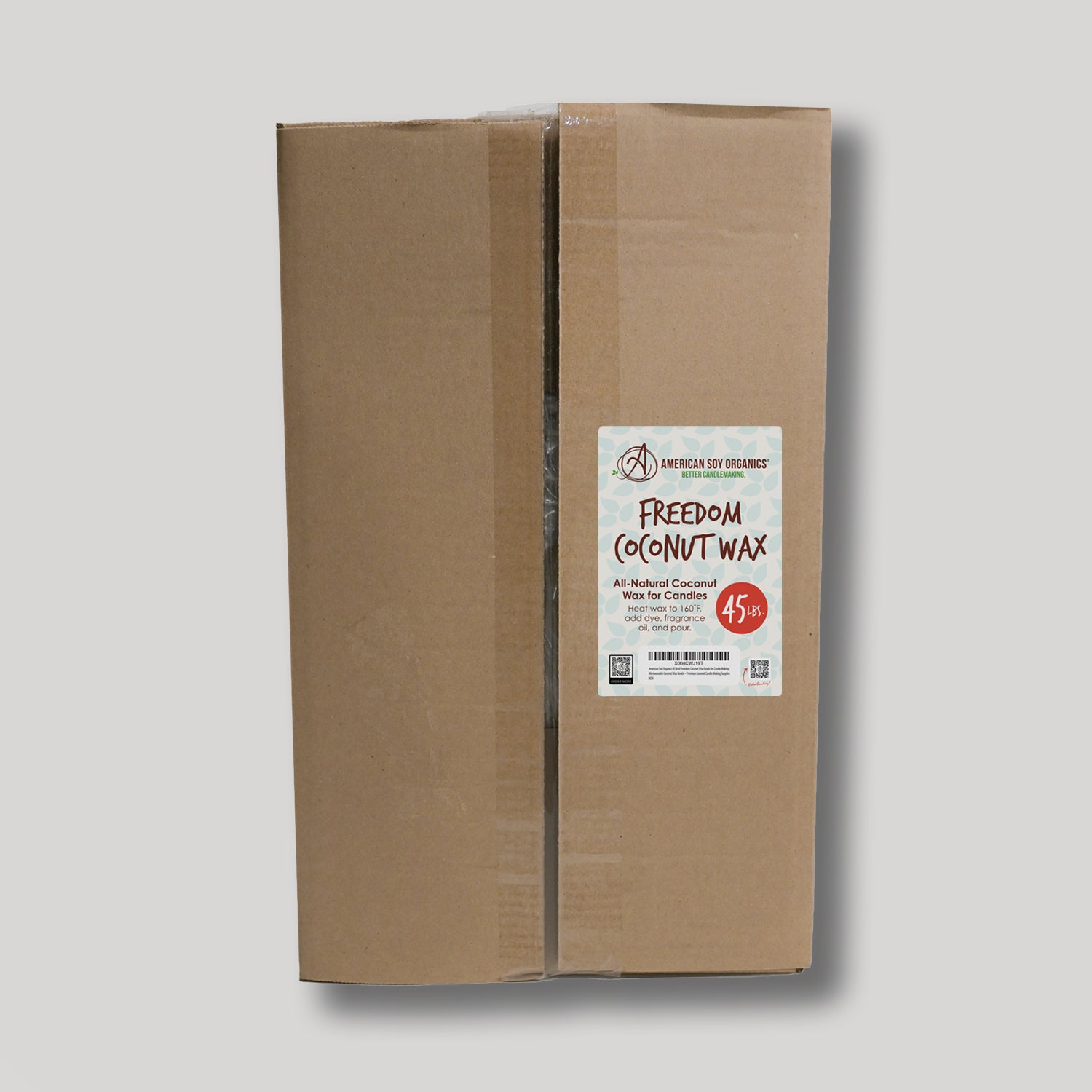 Cardboard box with a white label for 45 lbs. of Freedom Coconut Wax on a white background