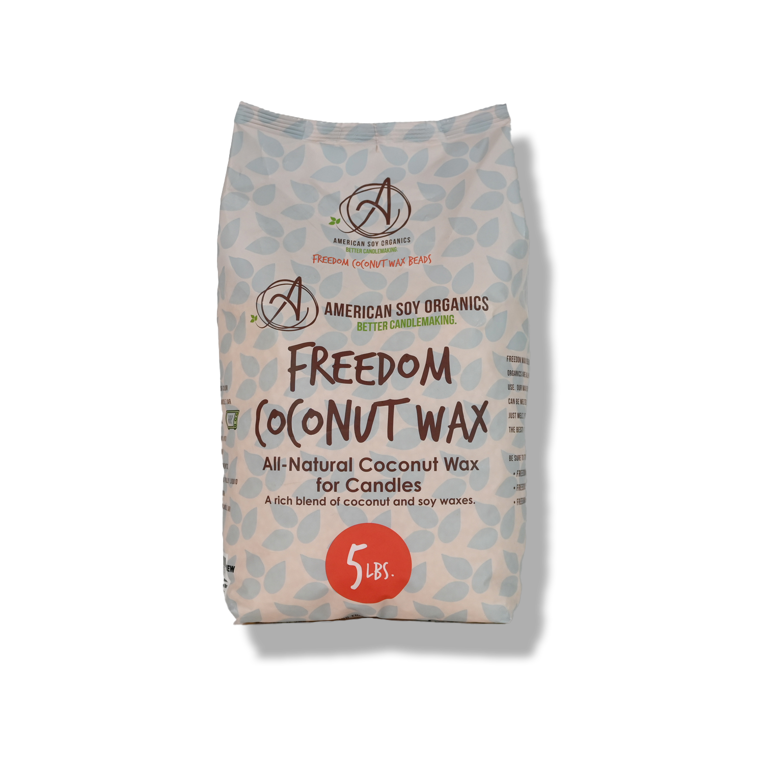 White 5 lb. bag of American Soy Organics Freedom Coconut Wax on a white background