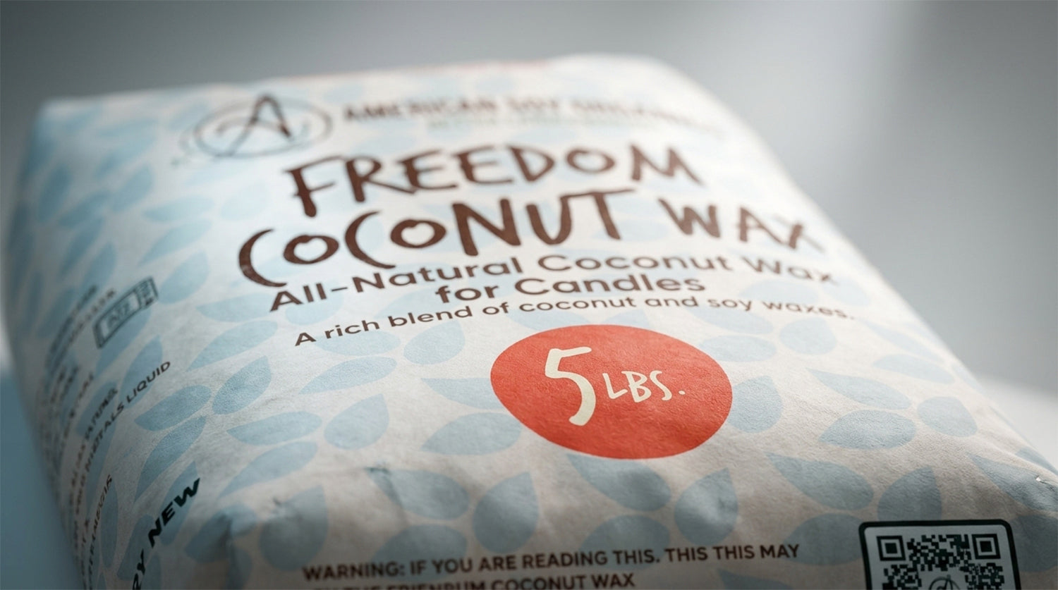 A close-up of a 5 lb bag of Freedom Coconut Wax for candles, featuring a white and light blue patterned design with a prominent red circle indicating the weight.