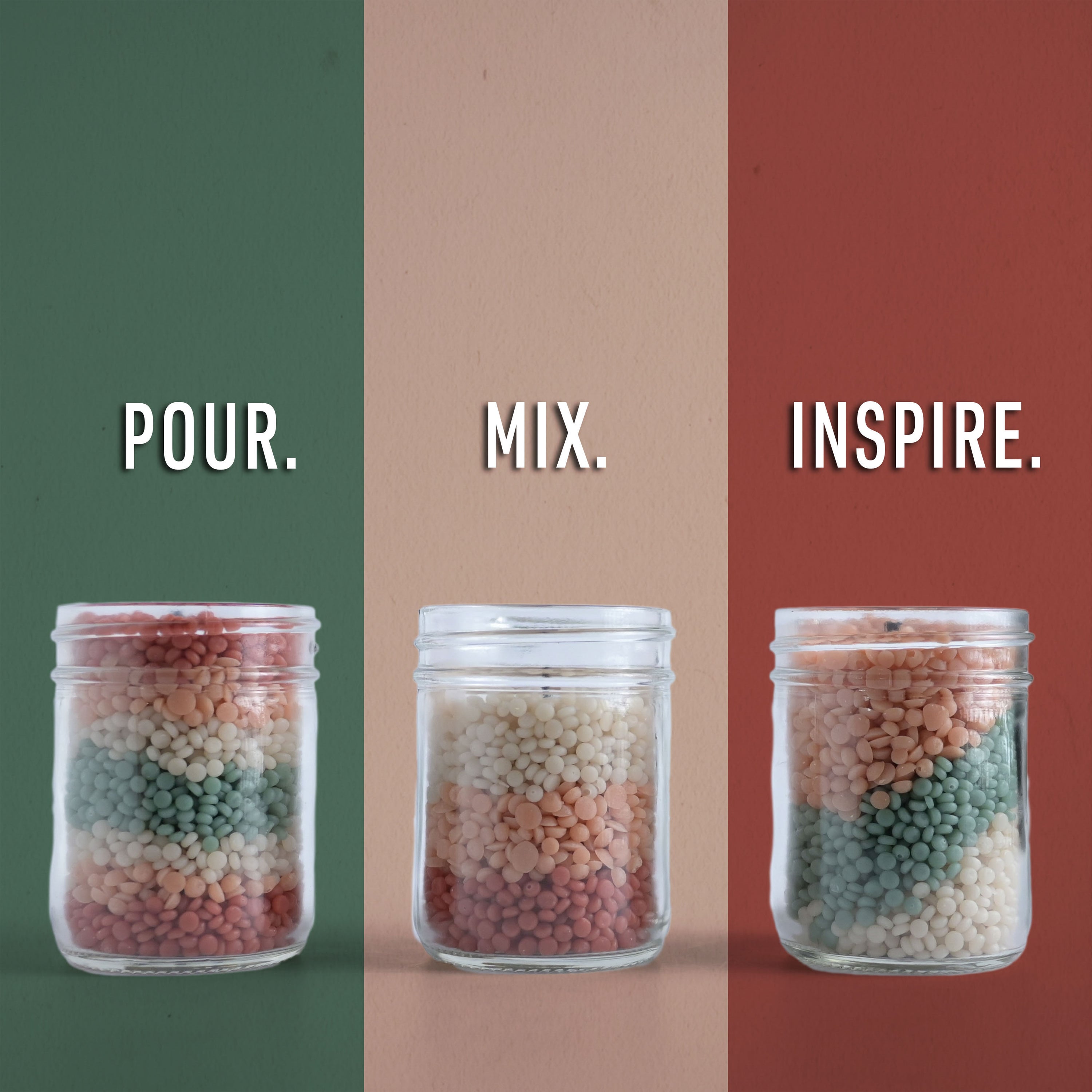 Three jars with colorful wax beads labeled 'Pour.', 'Mix.', and 'Inspire.' on a multicolored background.