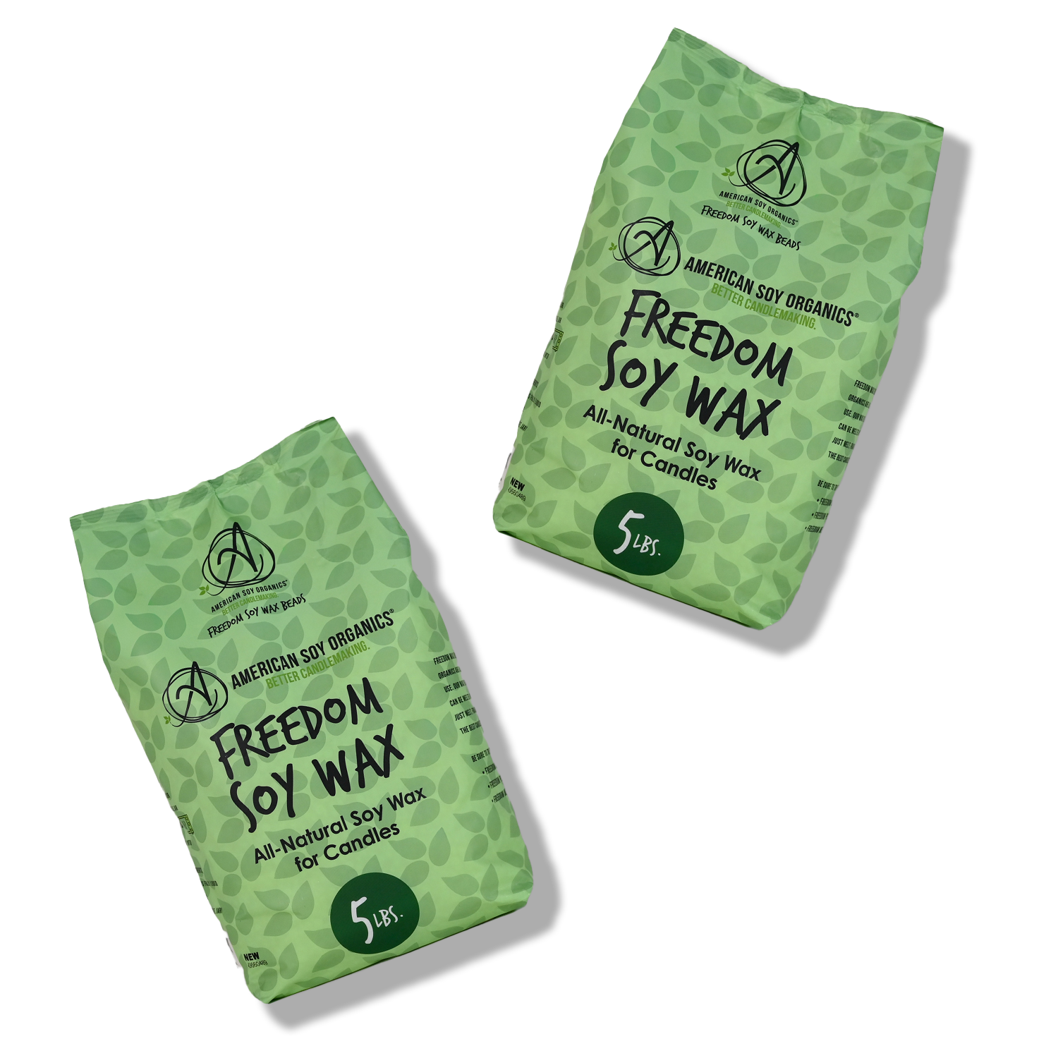 Two green 5 lb. packages of Freedom Soy Wax from American Soy Organics on a white background