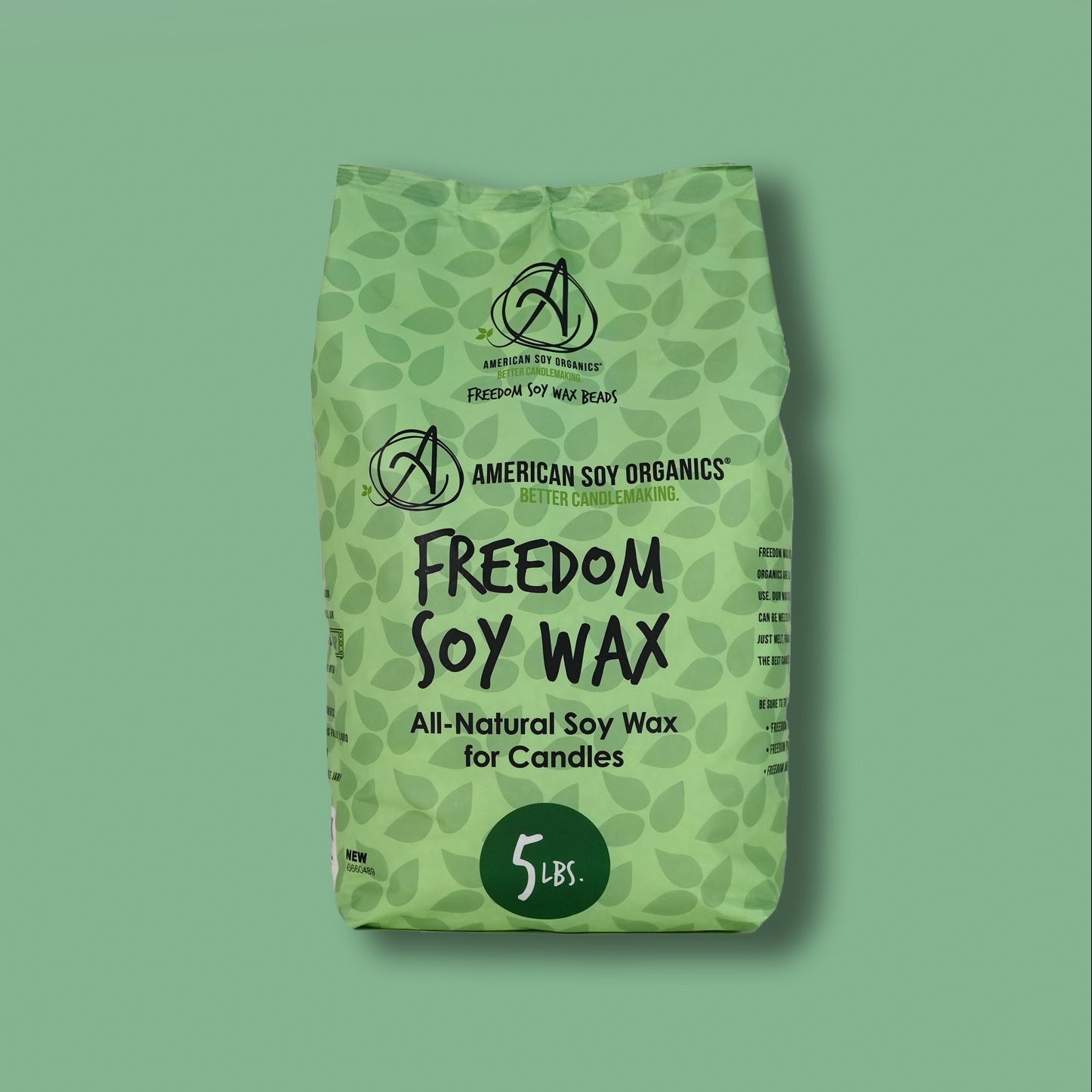 Green 5 lb. package of American Soy Organics Freedom Soy Wax on a green background