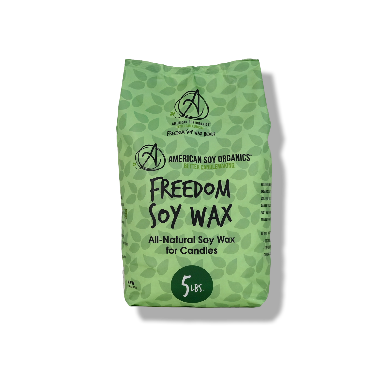 Green 5 lb. bag of American Soy Organics Freedom Soy Wax on a white background