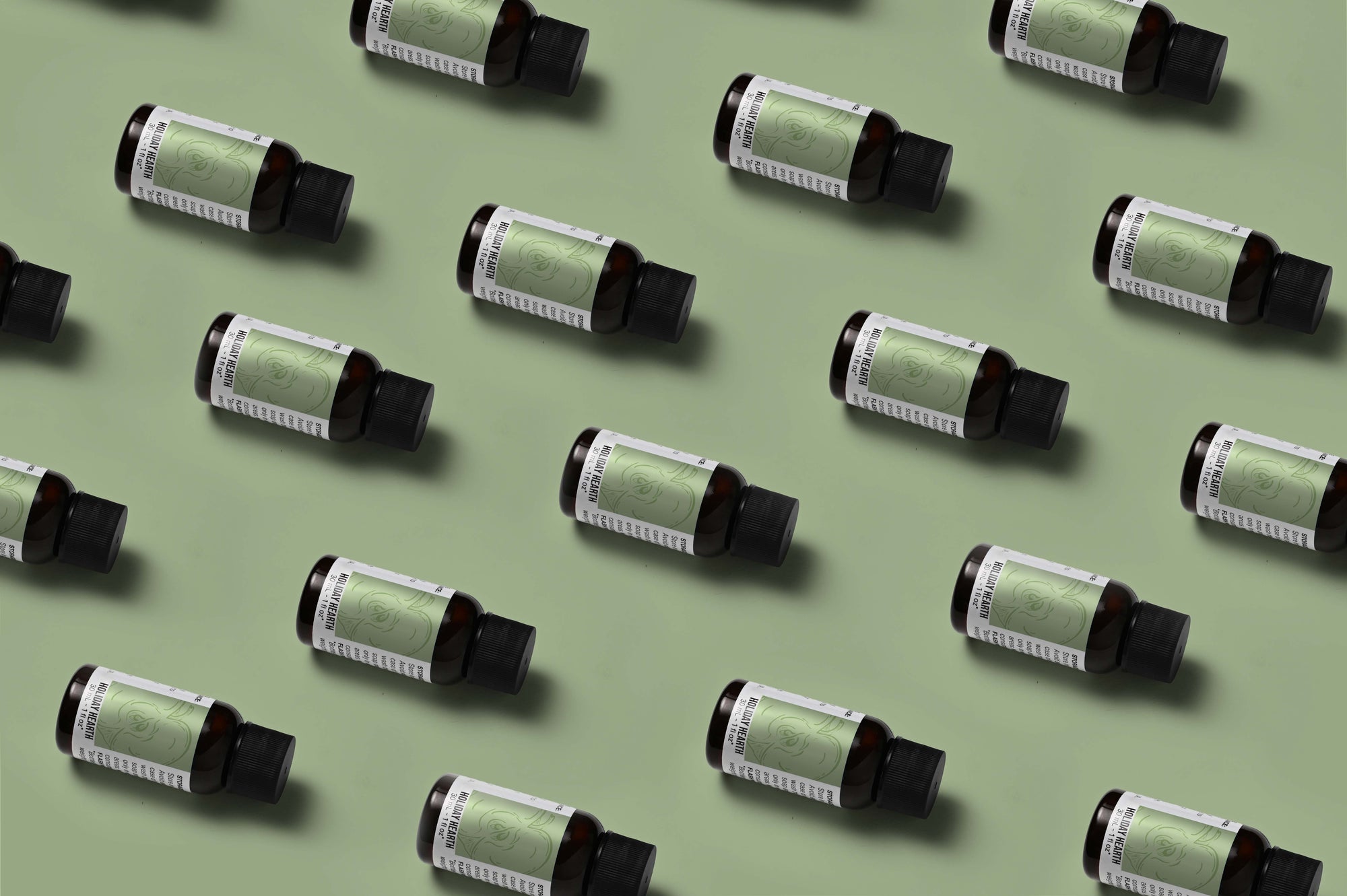 Pattern of Holiday Hearth fragrance oil bottles on a light green background