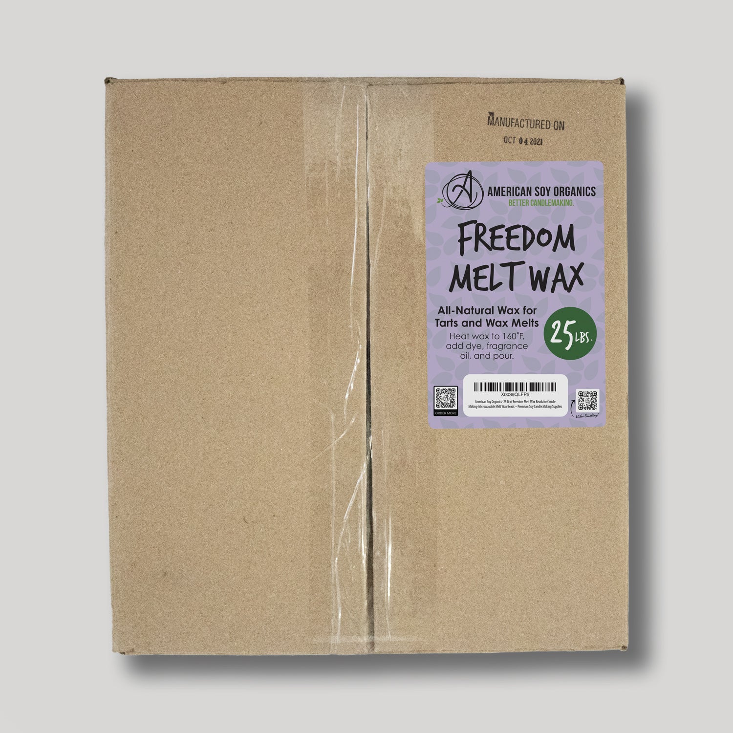 Cardboard box with a purple label for 25 lbs. of Freedom Melt Wax on a white background