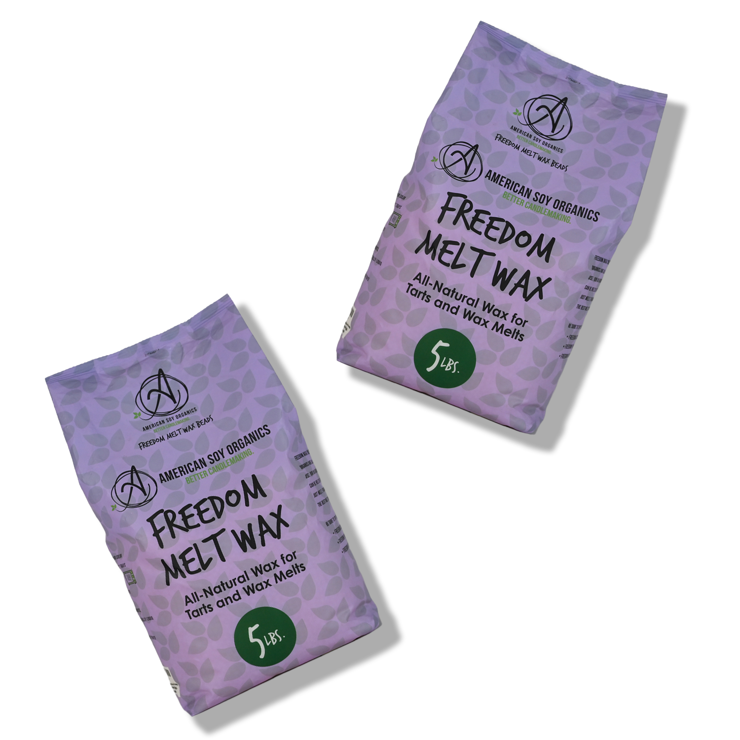 Two purple 5 lb. packages of American Soy Organics Freedom Melt Wax on a white background